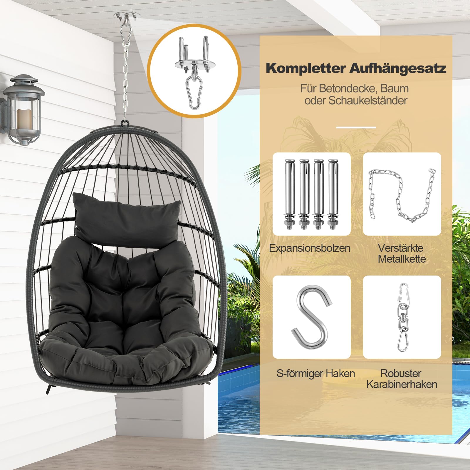DREAMADE Hängesessel mit Sitzkissen & Kopfstützkissen, klappbarer Hängekorb Hängestuhl Hängesitz Hängeschaukel für Indoor, Outdoor Schaukel Hängestuhl für Kinder und Erwachsene Grau