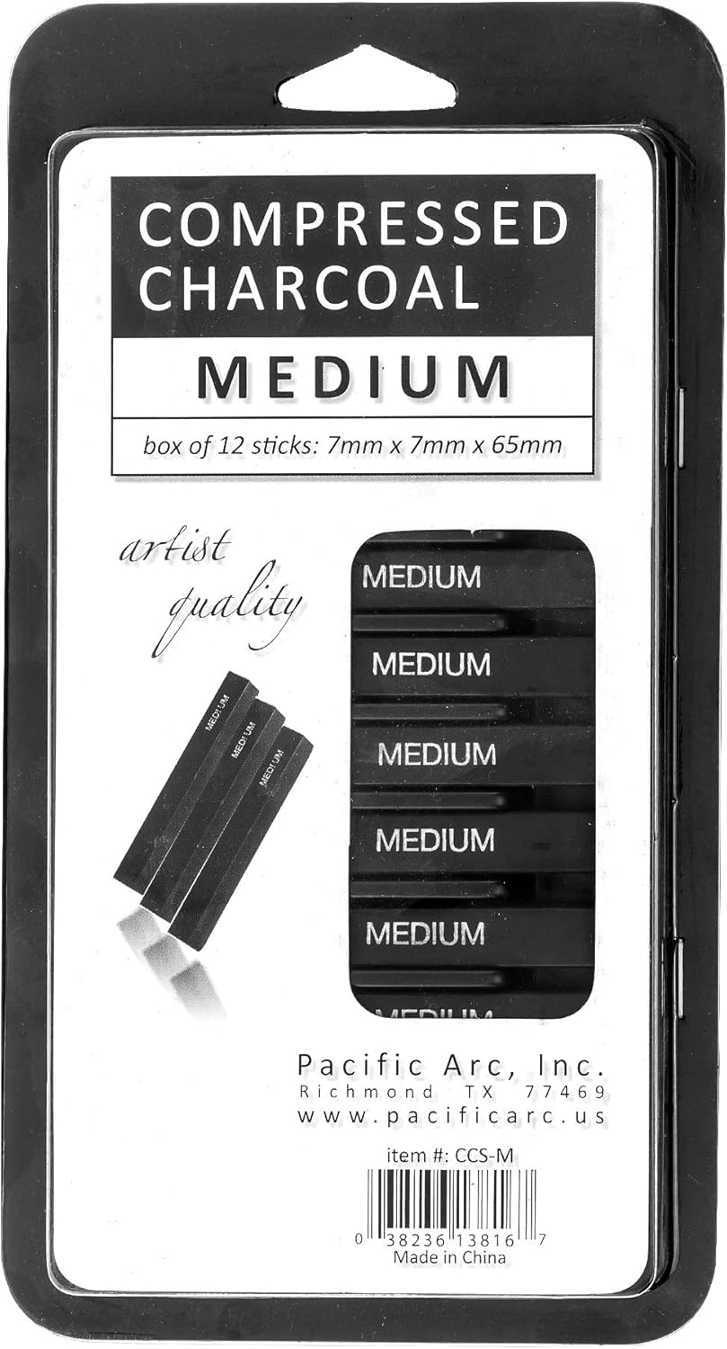 Pacific Arc Compressed Charcoal Sticks Medium 12 Pack for Drawing, Sketching, and