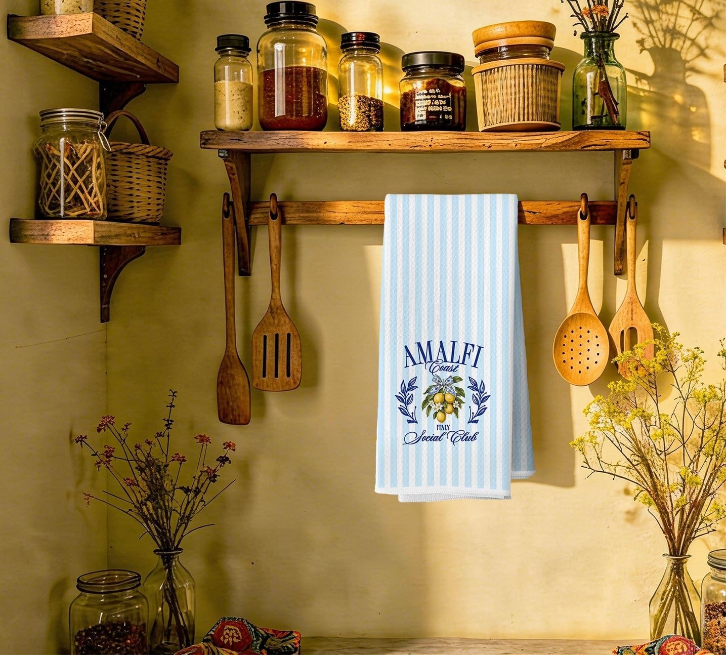 Italian Lemon Kitchen Towels Decorative 16x24 in, Mediterranean Amalfi Coast Lemon Hand Towels for Bathroom, Coastal Blue Striped Dishtowels for Kitchen