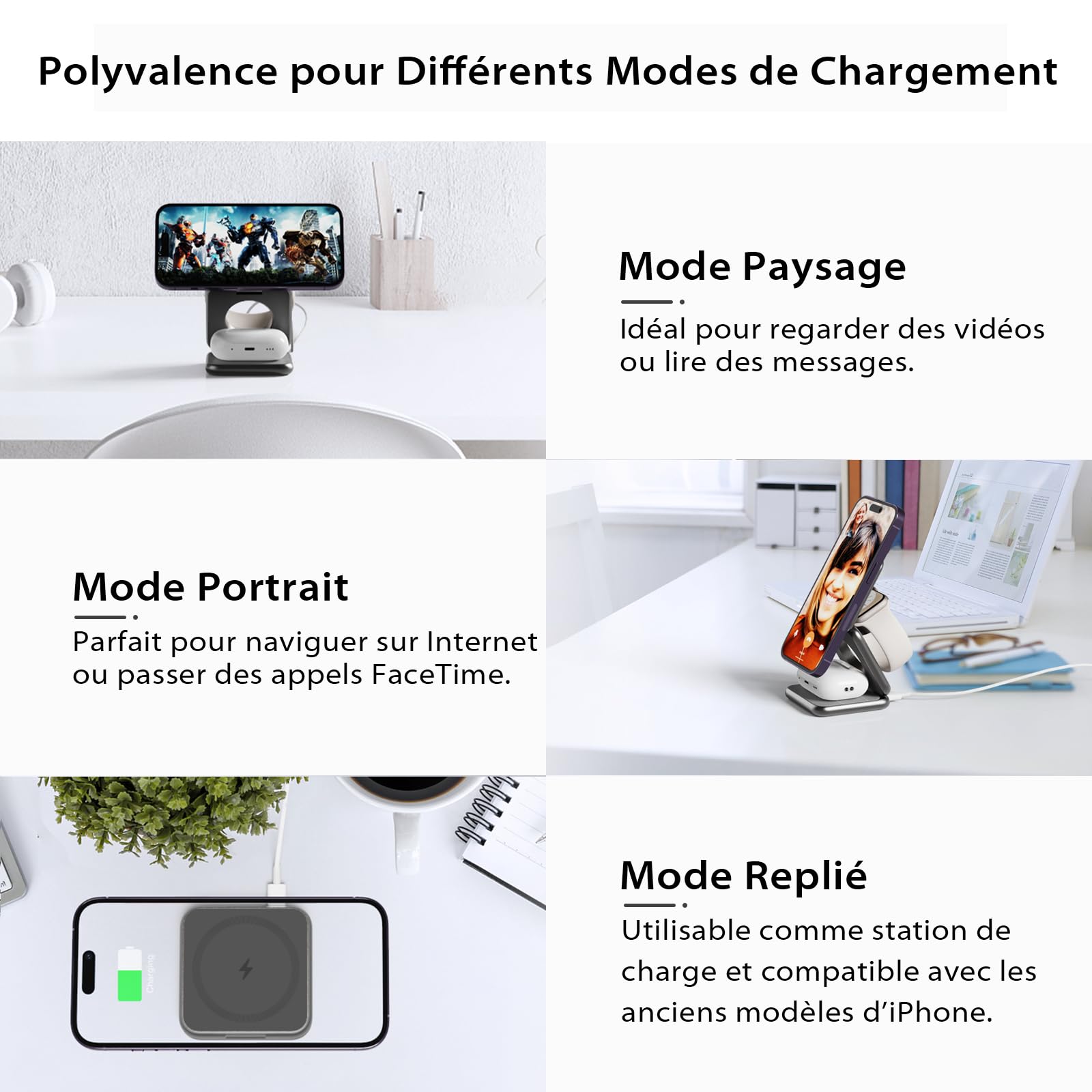 KU XIU X40 Station de Charge 3-en-1, Chargeur Induction Pliable pour iPhone 17–12 / Air, 5W pour iWatch Séries 4–11 / SE/Ultra et Écouteurs sans Fil 2/3/4 / Pro – Gris, Boîtier en Aluminium