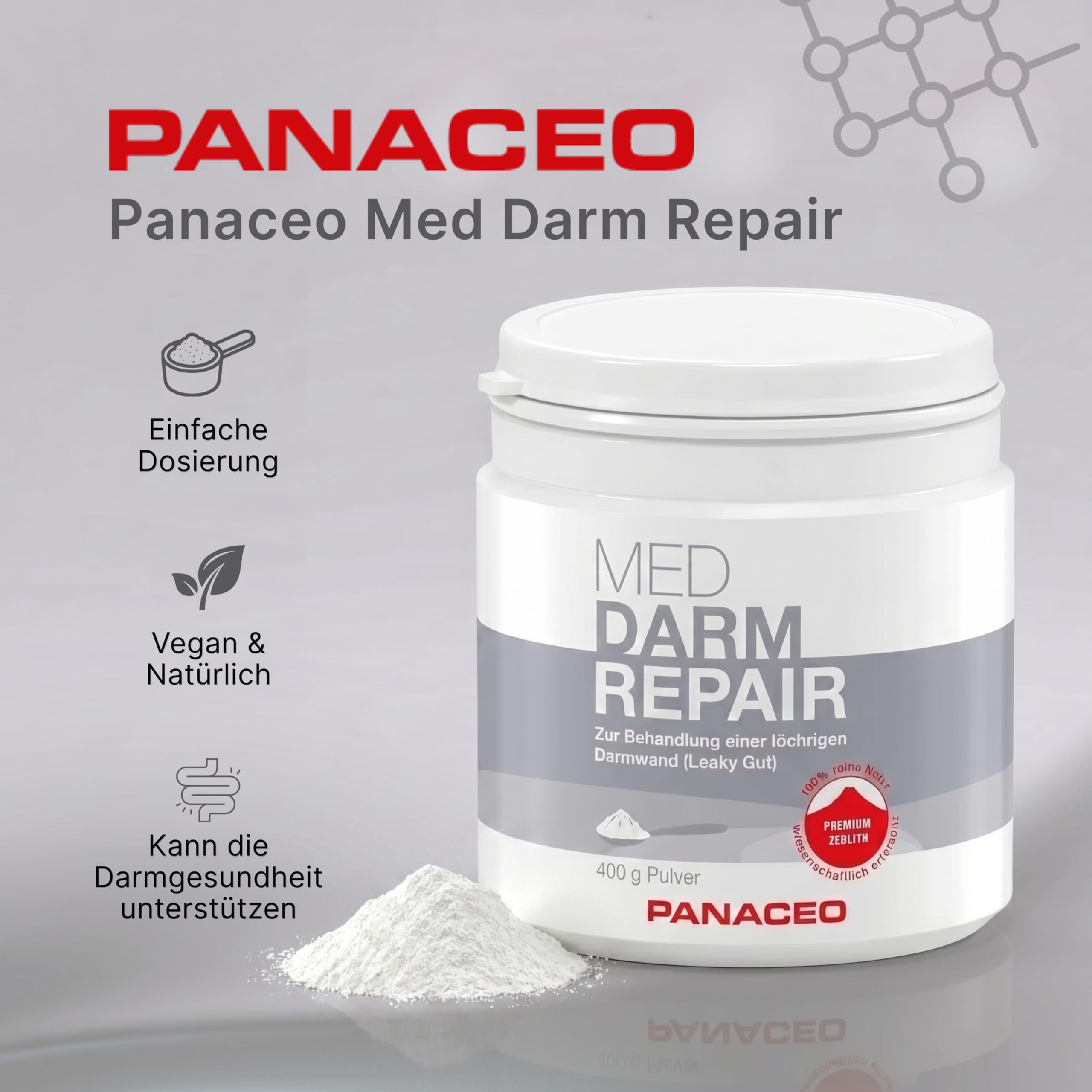 PANACEO MED DARM REPAIR Pulver mit PMA-Zeolith – Veganes Medizinprodukt bei Reizdarm, Leaky Gut & Darmbeschwerden, unterstützt Darmbarriere, Darmflora & Schadstoffbindung, 400 g
