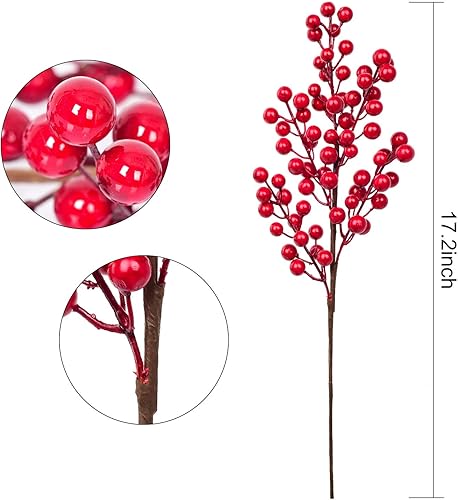 Miniatura 2 de Lvydec Paquete de 4 tallos artificiales de bayas rojas, ramas de bayas de acebo de Navidad de 17 pulgadas para decoración del hogar y manualidades