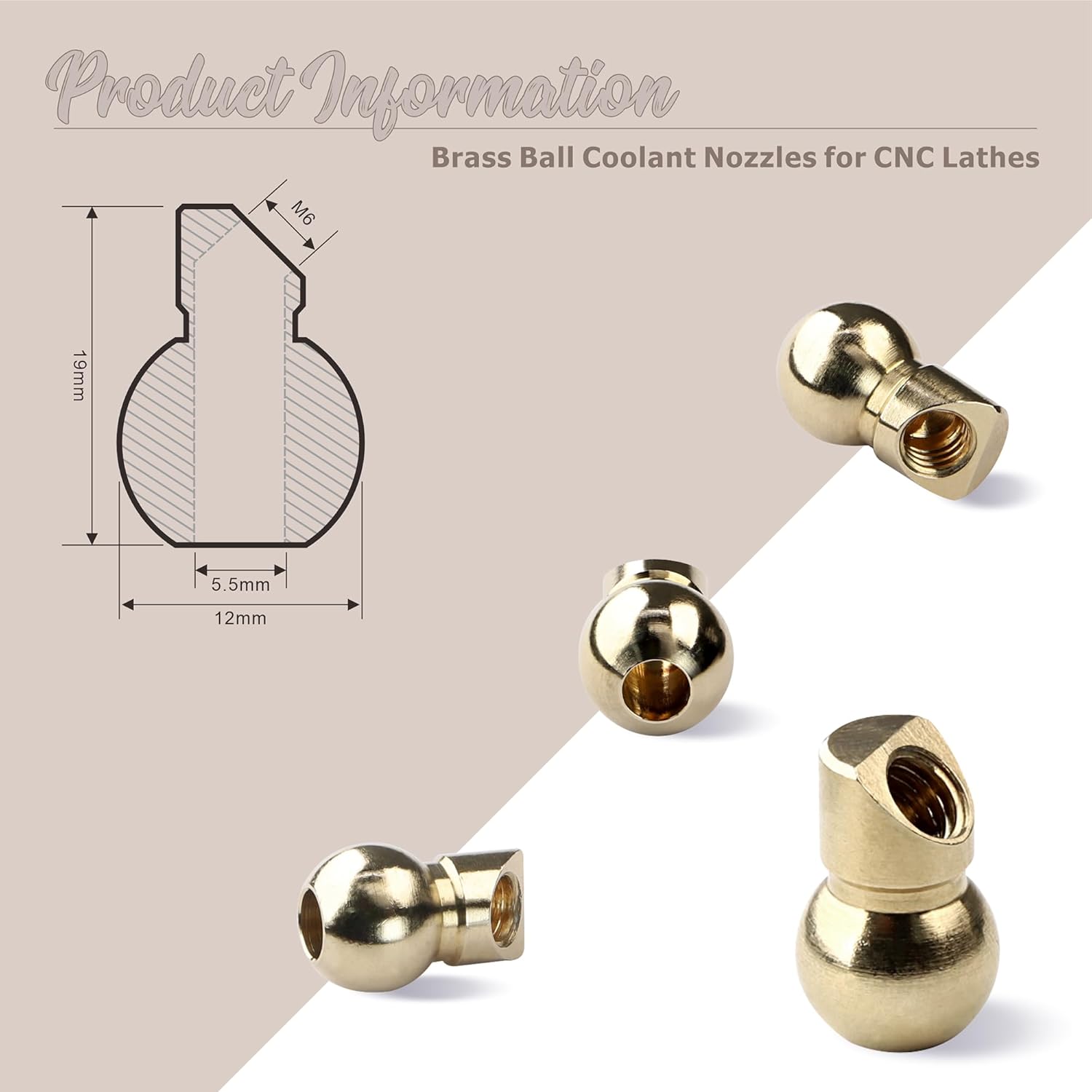 10 PCS 12MM M6 Brass Ball Cnc Nozzle, Slanted Hole Coolant Nozzle for Jewelry Lathes Screw Lock, High-Pressure Cutting Oil Cooling Nozzle for Jewelry Carving Milling Machines Machine Tools