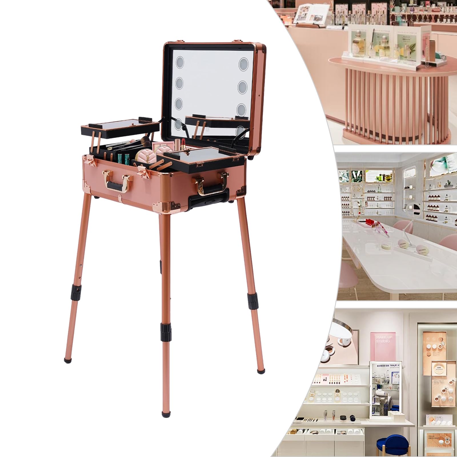 Schminkkoffer Trolley Kosmetik-Zug Tisch Verstellbare Pro-Schminkstation Make up Organizer Portable Makeup Train Case Cosmetic Box Aufbewahrungsbox mit 4 Rollen, LED-Licht & Stützbein