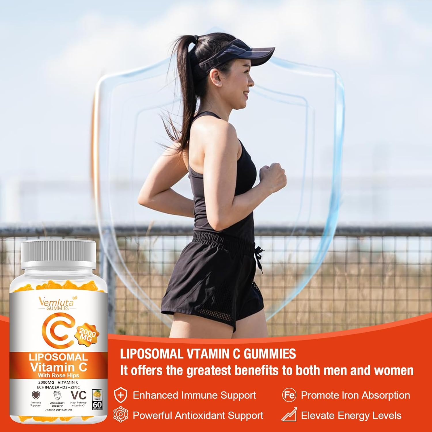2 Pack Liposomal Vitamin C 2000mg Gummies Complex Rose Hips with D3 5000IU,Elderberry Echinacea,Iron & Zinc for Adults Kids Immune,Antioxidant & Collagen Support,Orange Flavor, 120Count