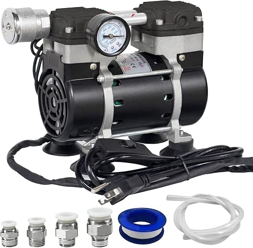 Oilless Vacuum Pump for Laboratory, Electronics & DIY Use | Remove Bubbles, 50L/Min, 180W, Switch & Vacuum Gauge, Low-Noise Aluminum Silencer, 4 Hose Connectors