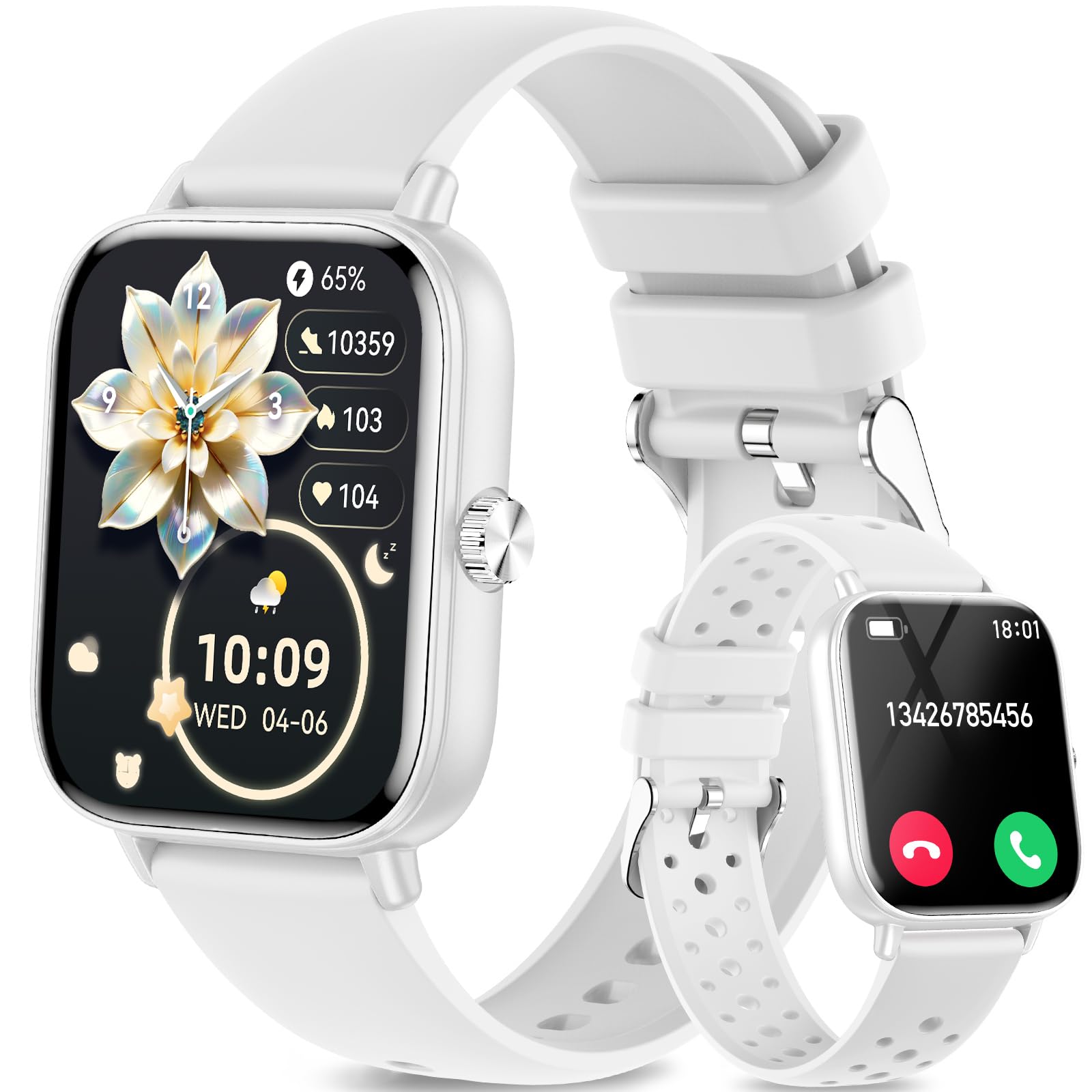 Reloj Inteligente Mujer, 1.83" Smartwatch Mujer con Llamadas Bluetooth, 2 Correas, Pulsómetro, Sueño, SpO2, Whatsapp Notificaciones, Reloj Deportivo Impermeable IP68 para Android iOS Blanco