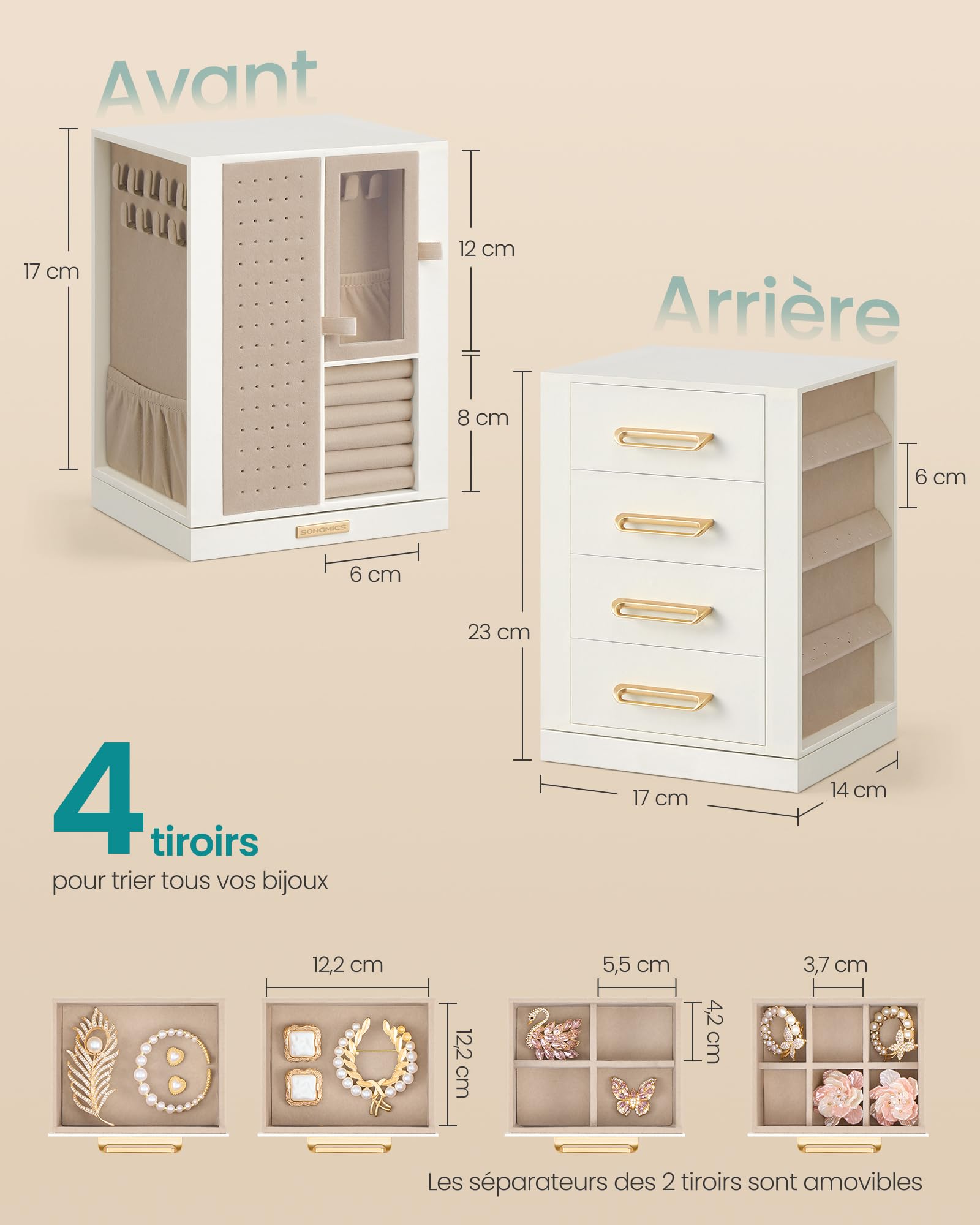 SONGMICS Boîte à Bijoux, Rotative à 360°, Coffret à Bijoux avec 4 Tiroirs, Rangement pour Accessoires, Colliers, Bracelets, Bagues et Boucles d’Oreilles, Idée Cadeau, Blanc Crème JBC211WD01