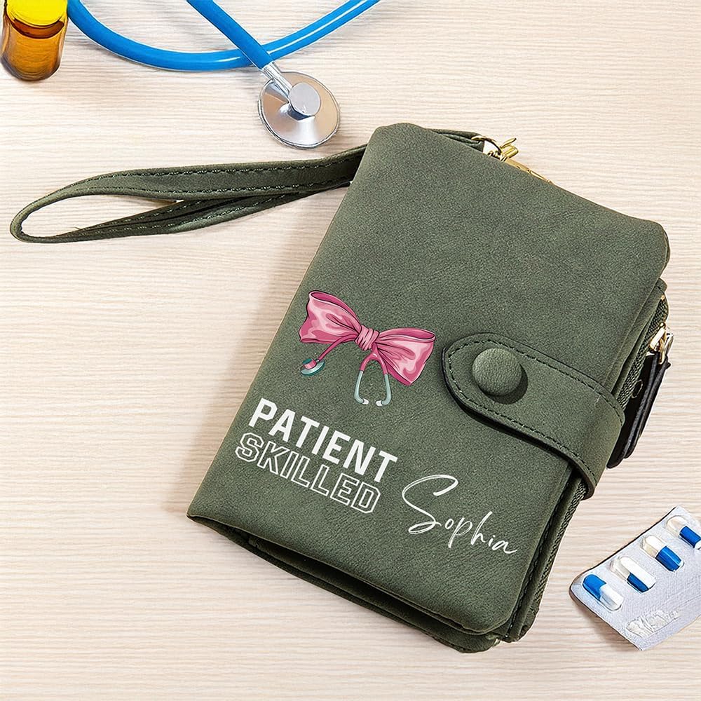 BYFDIY Personalized Tri-folded Wristlet Wallet with Name and Card Holder Costom PU Leather Bow Stethoscope Cute Wallet Small Cosin Purse Gift for Nurse Doctor Medical Staff 5.5'' x 3.5'' x 1.2'' image 2
