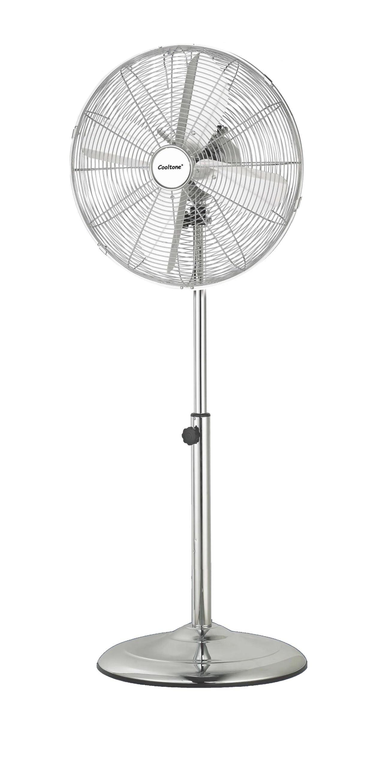 COOLTONE 16 Inch Metal Pedestal Floor Fan, Chrome Standing Fan, Oscillating Function, 3 Speed Settings, Adjustable Height, Silent Operation