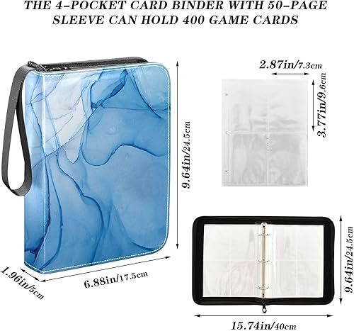 Miniatura 3 de Carpeta de tarjetas de mármol azul con 4 bolsillos con 50 fundas para almacenamiento de tarjetas con cremallera para 400 tarjetas, 3 anillas,