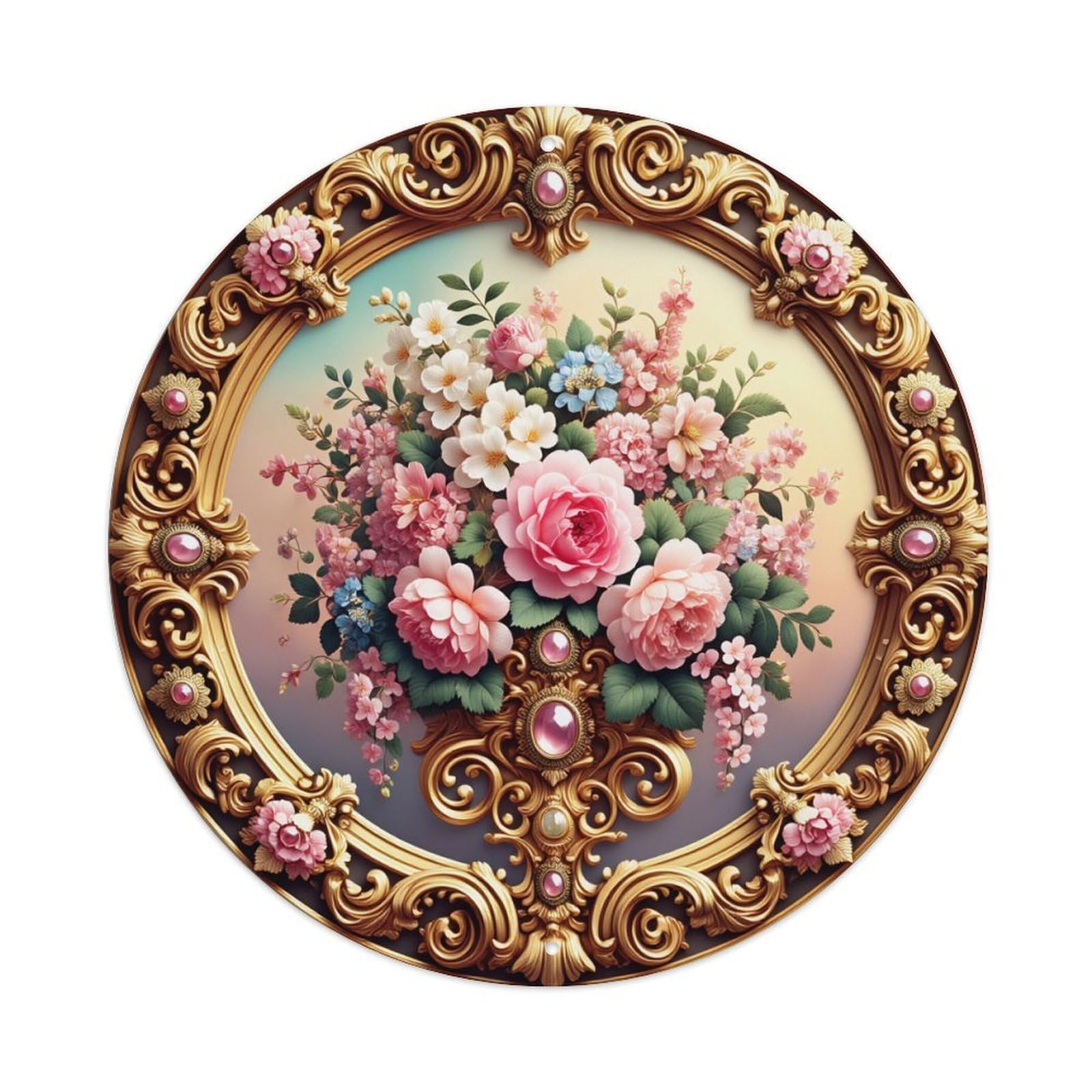 Floral Arrangement In Ornate Round Tin Sign Vintage Metal Poster, Home Bar Garage Man Cave Cafe Indoor & Outdoor Wall Decoration 8x8Inches