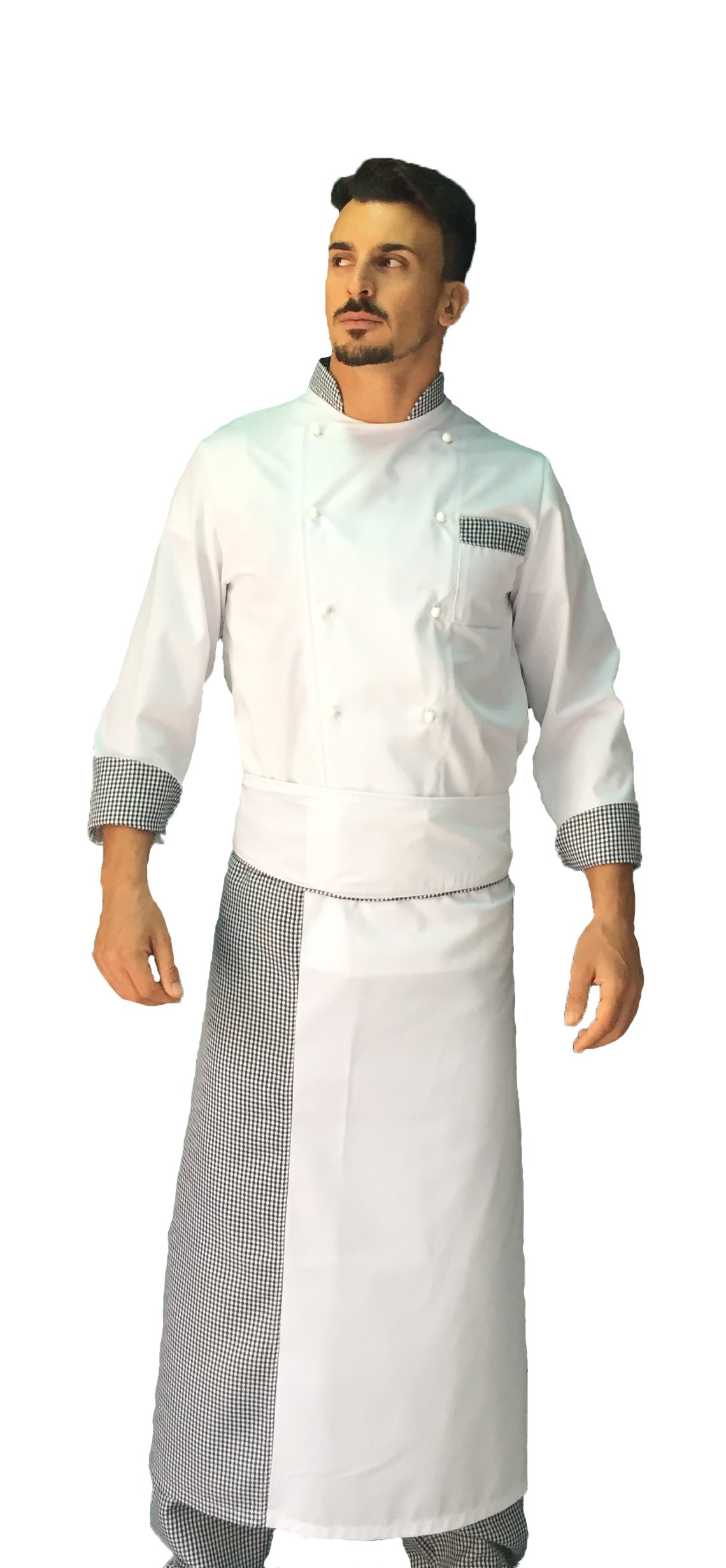 Ricamo Gratuito - Completo Cuoco Uomo - Bianco e Pied de Poule - Divisa Chef - Giacca, Pantaloni e Grembiule - 100% Cotone - Uniforme per Cucina e Ristorante