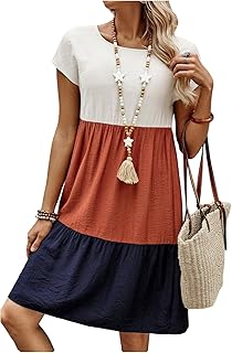 Women's Plus Size Midi Dress Color Block Short Sleeve T Shirt Dress Ruch...