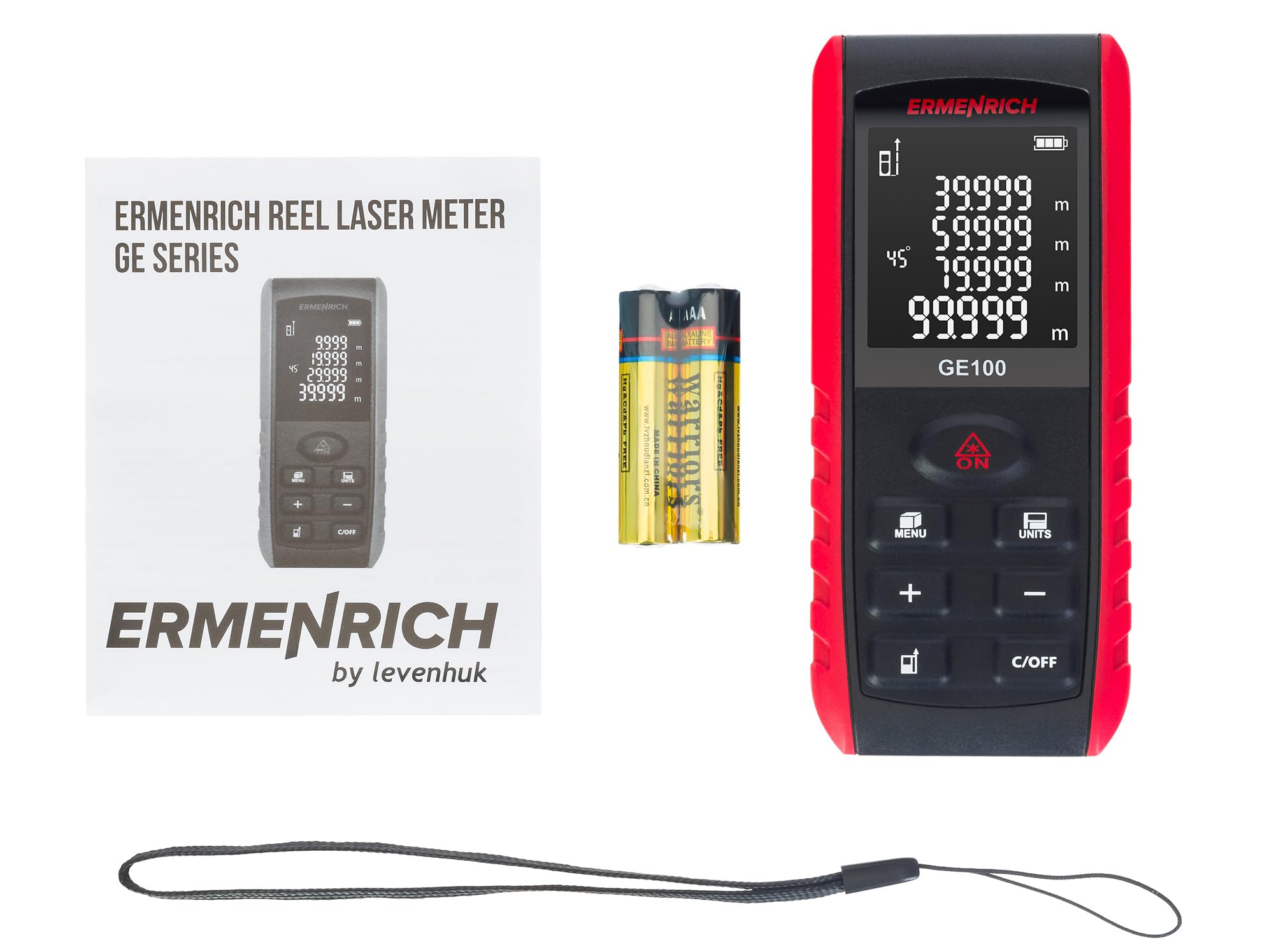 Reel Pro GE100 Telémetro Láser Profesional 100M 330ft | Medidor Láser Digital con LCD Retroiluminada, Medición de Área Volumen y Ángulos, Modo Pitágoras, 99 Registros