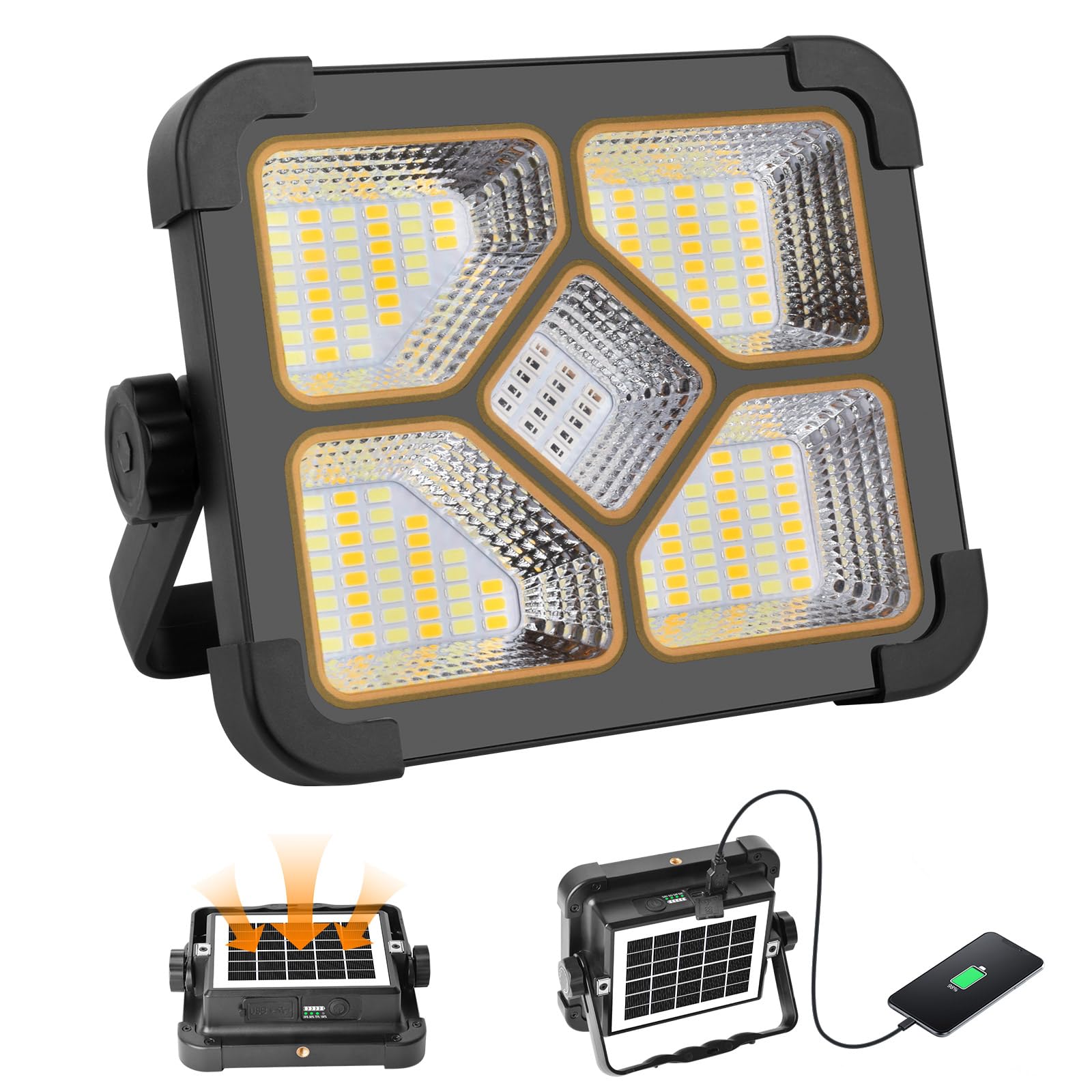 ERAY Foco LED Recargable 6000mAh Batería - 174 LEDs, 4 Modos, IP66, Panel Solar, Banco de Energía, Portátil Luz de Trabajo para Camping, Emergencia, Trabajo, Pesca