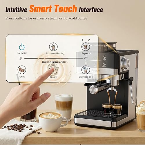 Miniatura 6 de Máquina de café expreso con molinillo, máquinas de café Expresso de 20 bar con espumador de leche, cafetera compacta profesional de acero inoxidable