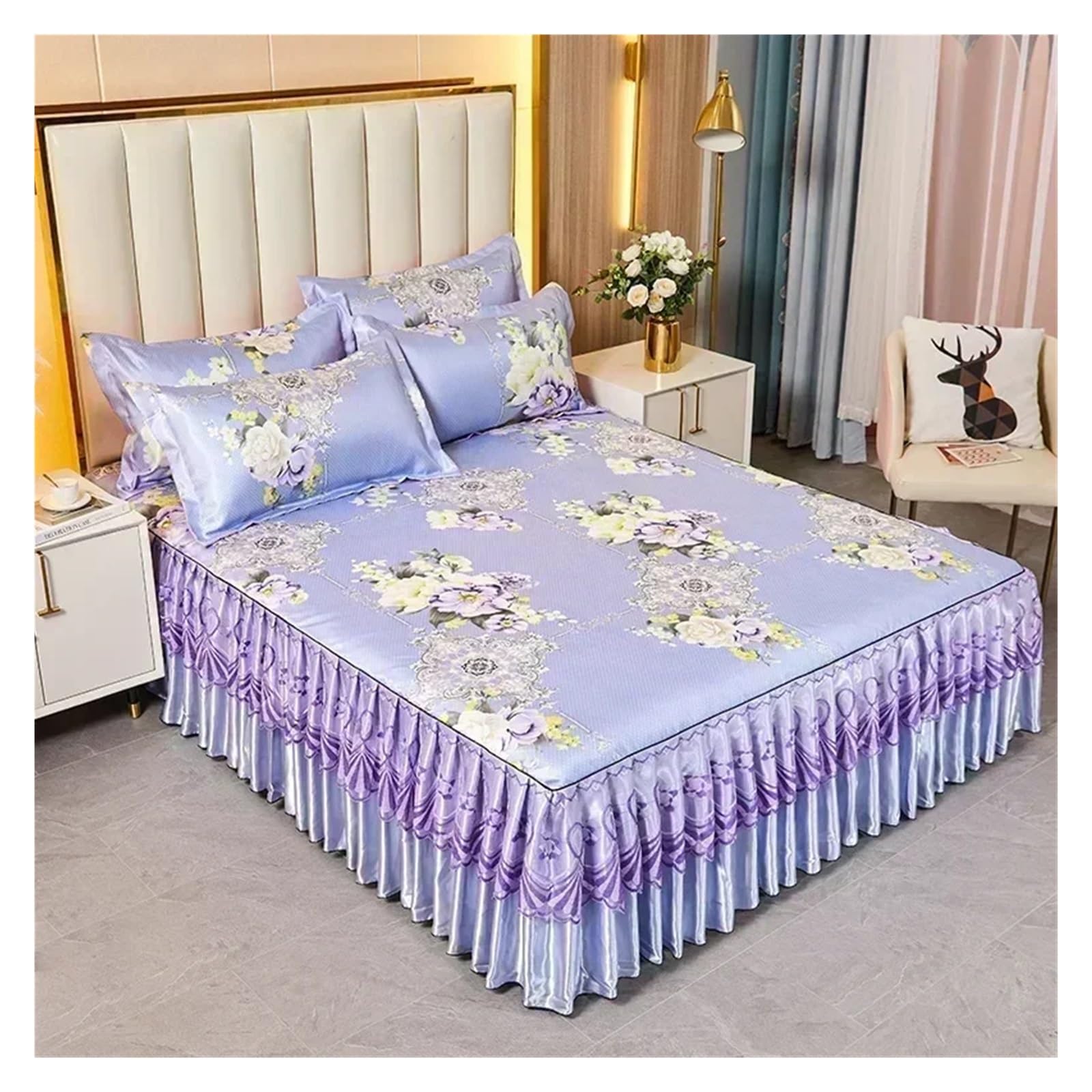Bedding Set Folding Embroidered Sheets Bedding Bed Skirt King Queen Size Bed Sheet Set with Pillowcases(Color 14,3 pcs 180x220cm)