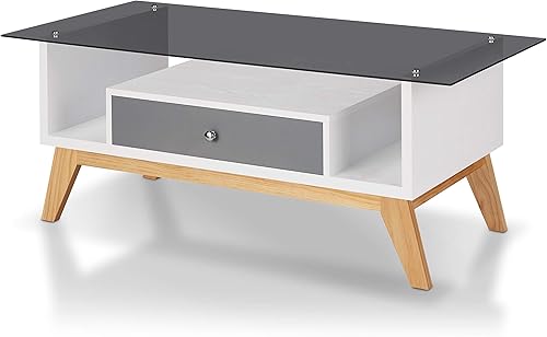 Miniatura 6 de HOMES Inside + Out Raynaldo Mid-Century - Mesa auxiliar moderna de 1 cajón con estantes abiertos, patas cónicas en ángulo y mesa de cristal, 47