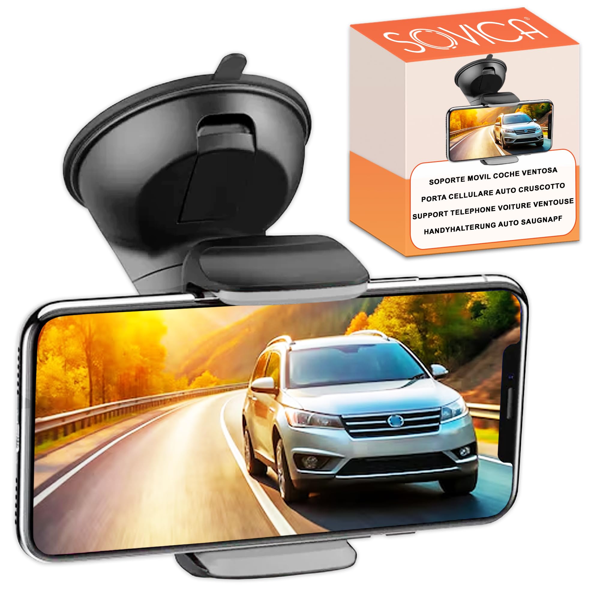 Sovica Soporte Móvil Coche Ventosa Salpicadero Parabrisas hasta 7,6" | Rotación 360º, Posicionamiento Horizontal y Vertical, Ajuste Universal, Fácil Instalación