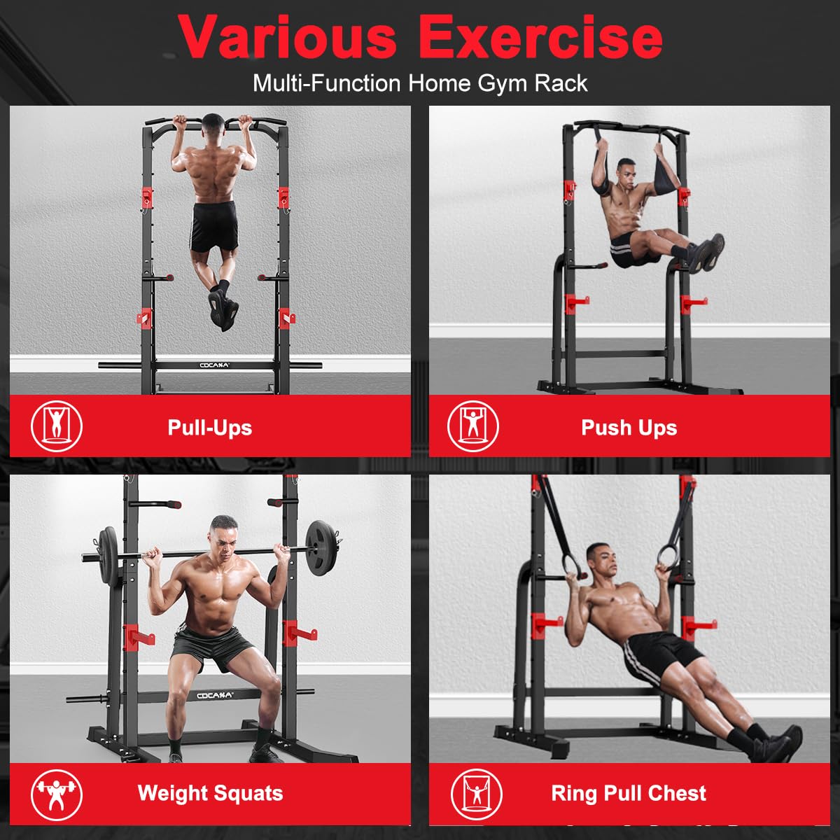 CDCASA Power Squat Rack Cage, Adjustable Power Cage, Multi-Function Power Tower with Pull Up Bar, Power Zone Rack Stand for Home Gym