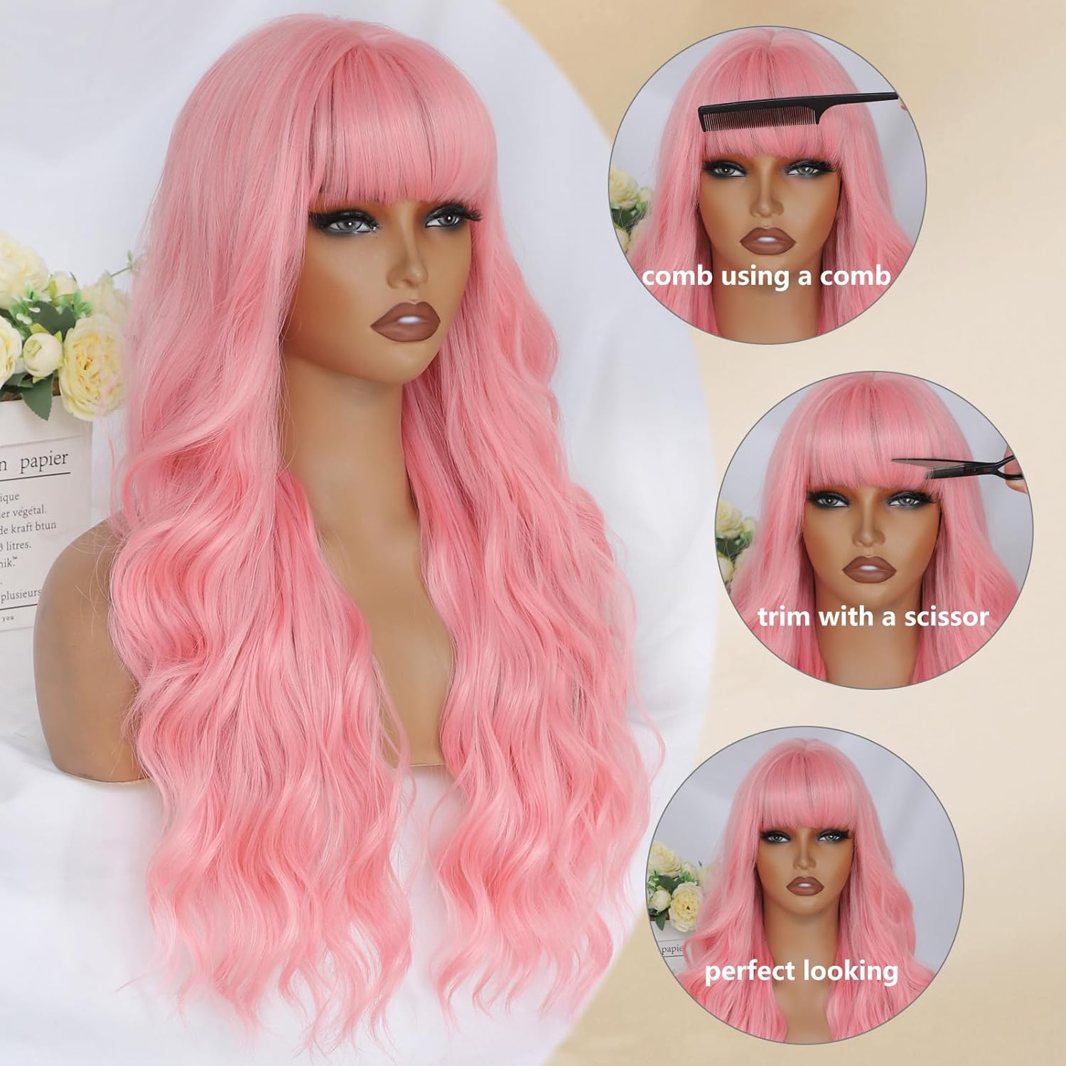 Pink Wig with Bangs for Women Long Pink Wavy Wigs 26 Inch Natural Looking Heat Resistant Synthetic Wig for Daily Party Use - Image 5