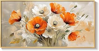 Large Floral Wall Art for Living Room, Gold Framed Orange White Flower C...