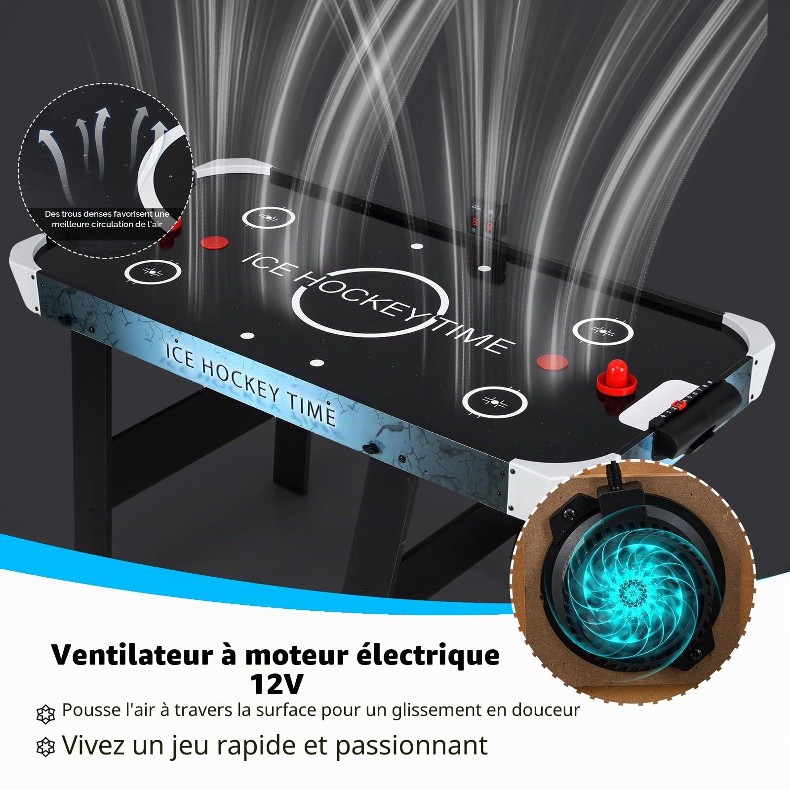 HOMASIS Table d'Air Hockey pliable, table de jeu électronique avec moteur 12 V et écran LED pour le score électronique, 2 disques et 2 raquettes pour enfants et adultes, 144 x 68 x 79 cm