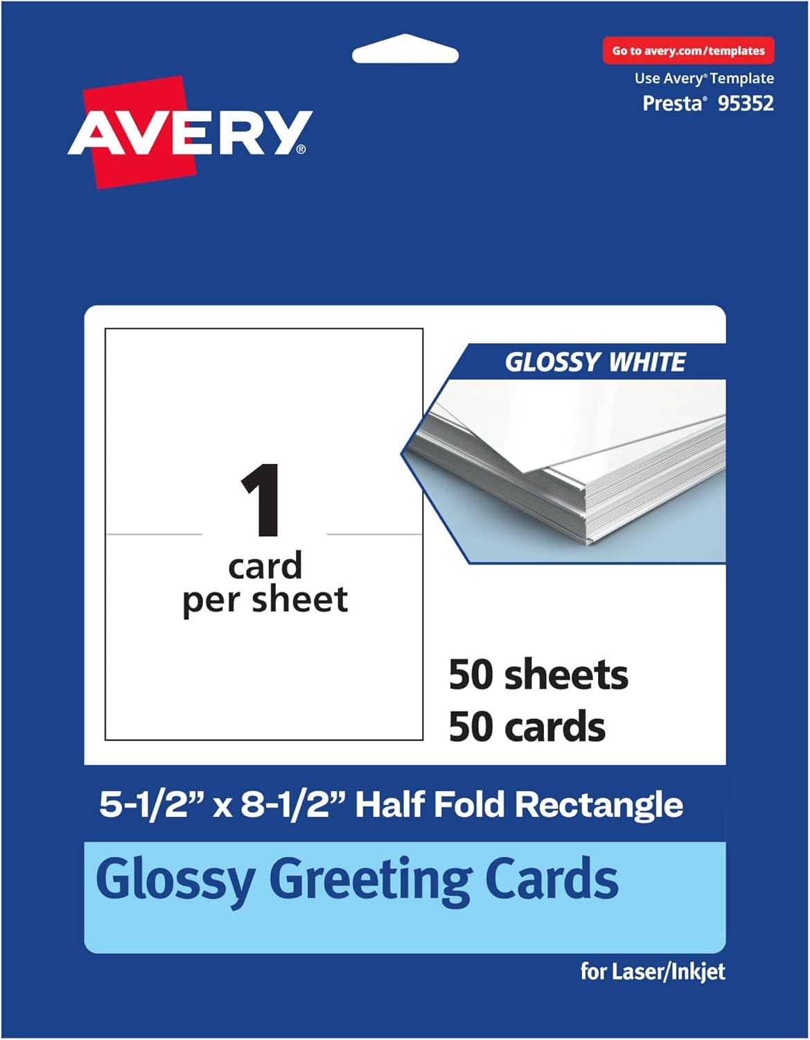 Avery Printable Rectangle Half Fold Greeting Cards, 5.5" x 8.5", Glossy White Cardstock, Laser/Inkjet, 50 Total, Great for Thank You Cards, Event Invitations, and More