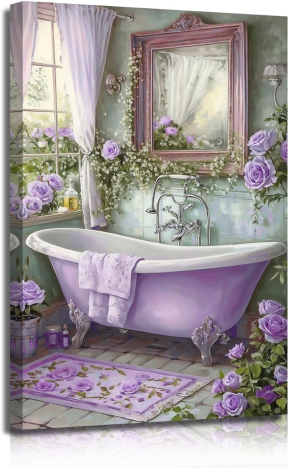 XLMDYYSW Purple Bathroom Canvas Wall Art Vintage Bathtub with Rose Pictures Rustic Floral Botanical Painting Print for Luxury Toilet Restroom Home Decor Framed (Purple, 24L x 16W)