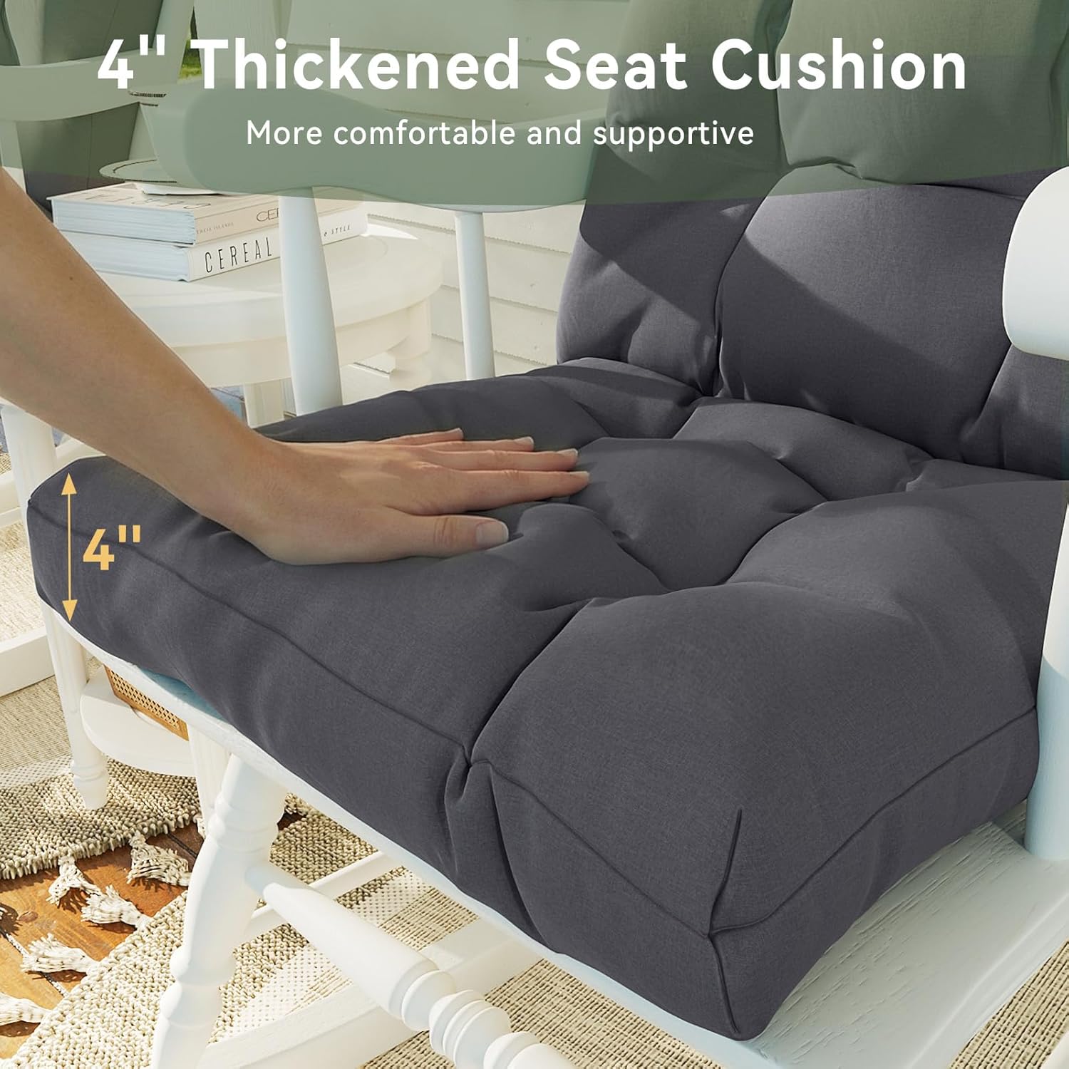 Aoxun Adirondack Chair Cushion, Indoor/Outdoor Rocking Chair Cushion with Ties, Thickened High Back Patio Chair Cushions with High Elasticity PP Cotton Water-Resistant, 2-Pack, Grey