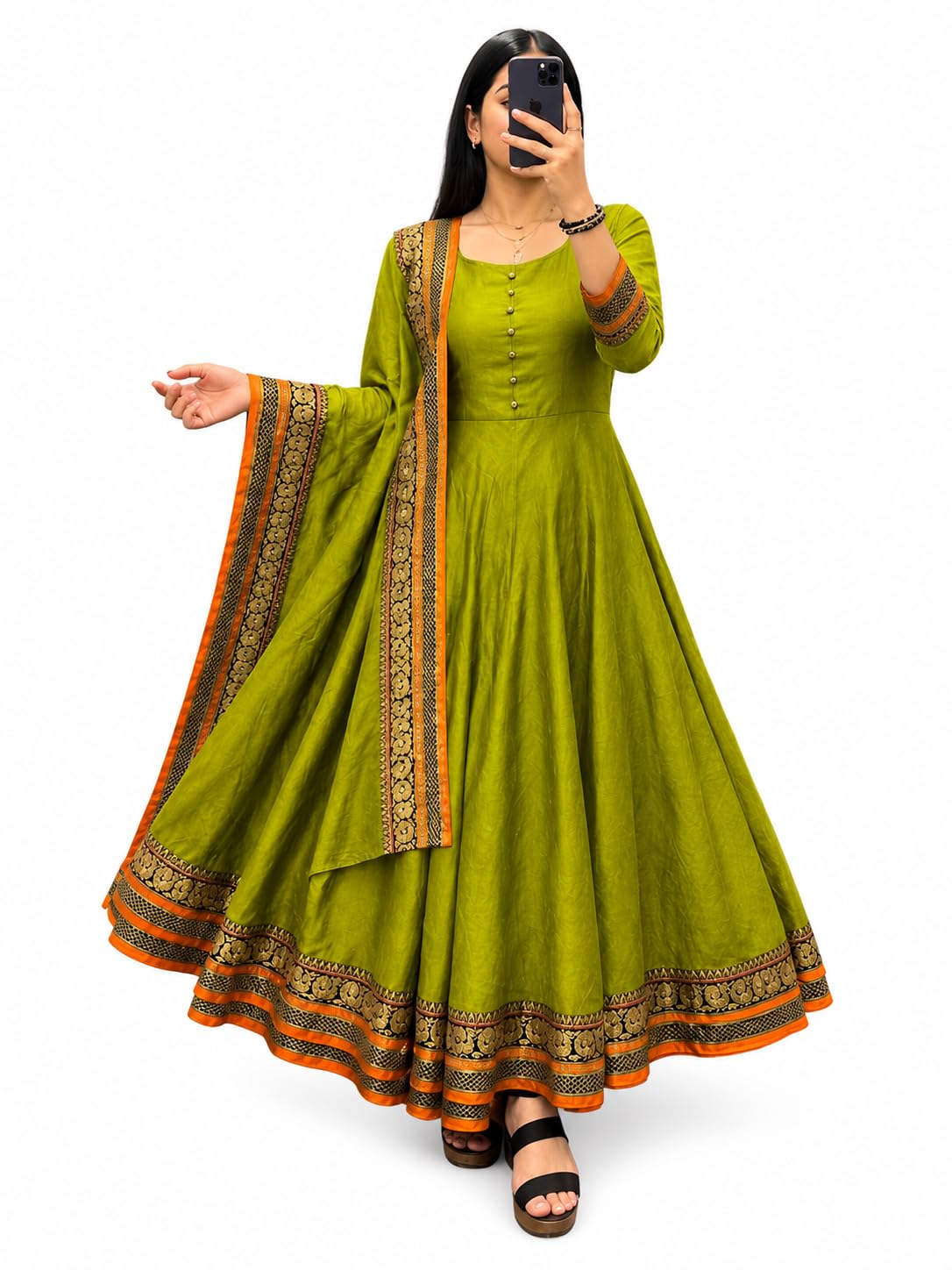 Women's Black Anarkali Gown with Dupatta | Cotton Blend Ethnic Dress | Flared Kurta Set |-picture-34