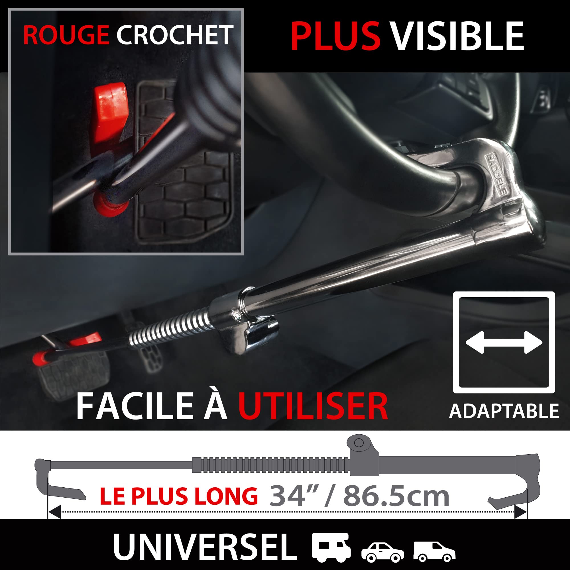 KRASER KR837 Canne Antivol Voiture Volant Pedale Haute Sécurité, Crochet Télescopique Plus Extensible, Bloque Volant Efficace et Dissuassif, Robuste Barre Bloc Anti Vol Universelle Auto, Camping-Car
