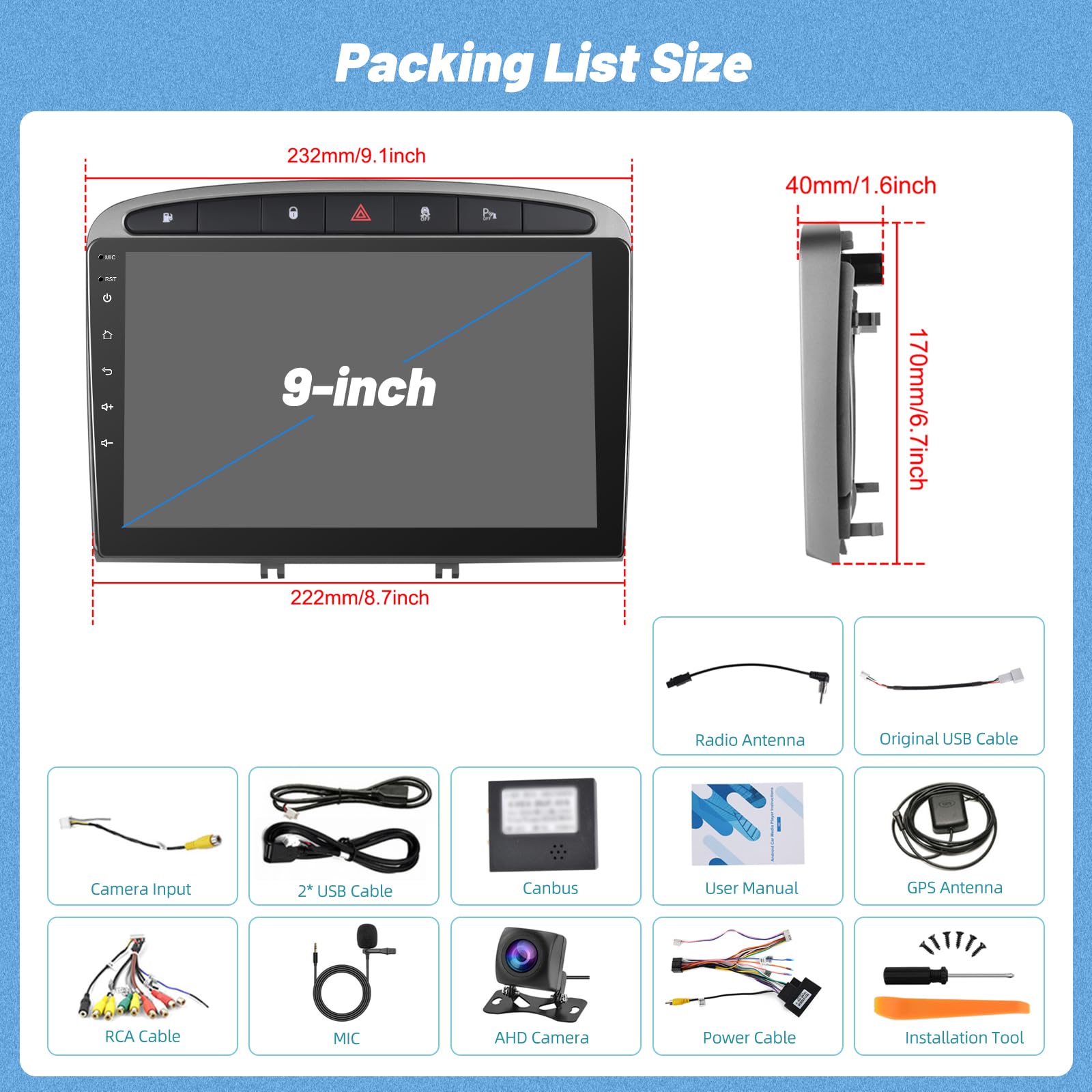 Autoradio pour Peugeot 308 408 2007-2015, [2G+64G] Autoradio Android à Écran Tactile avec sans Fil Carplay et Android Auto/Bluetooth/WiFi/Bluetooth/EQ/FM RDS Radio