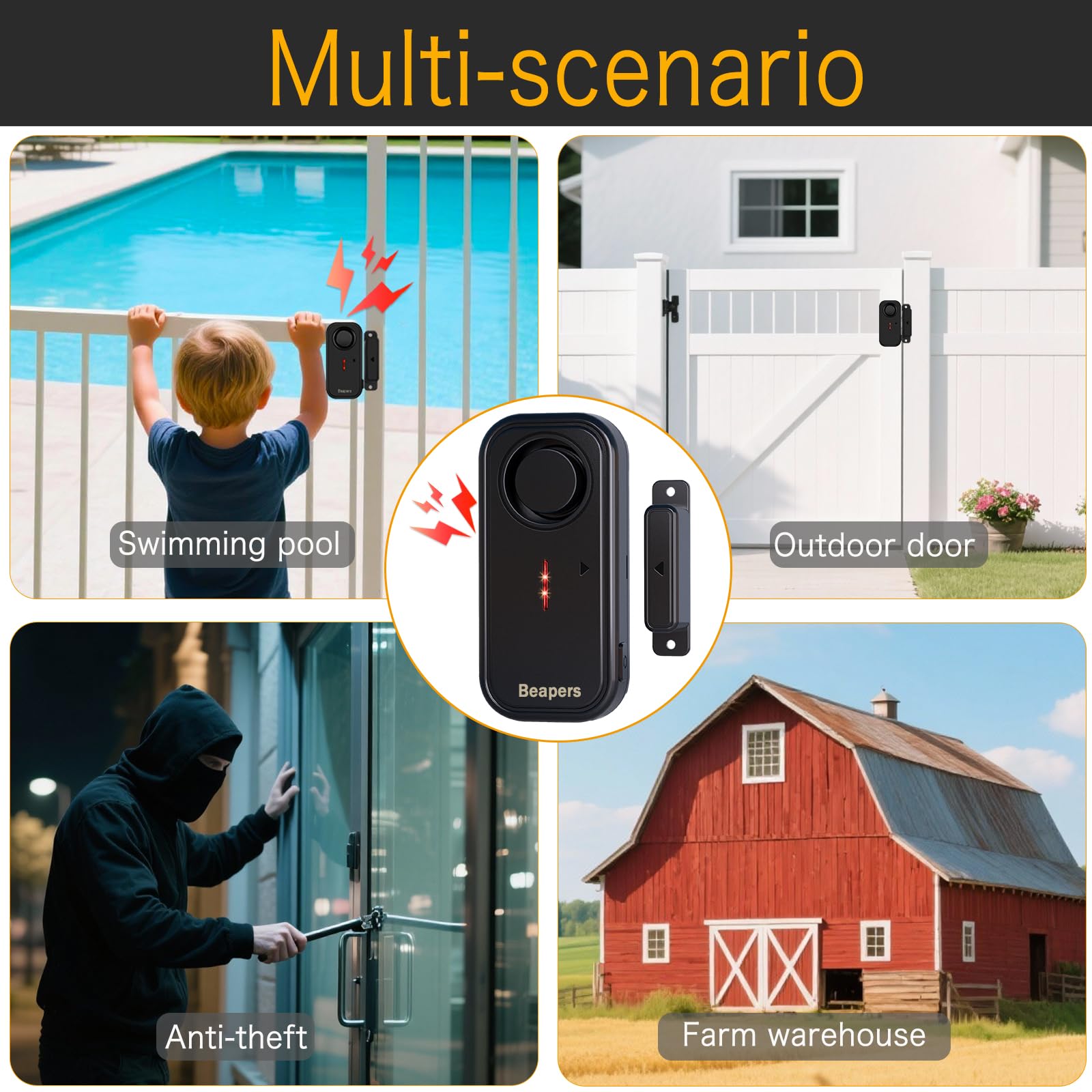 Allarme di sicurezza personale impermeabile per porta/finestra, impermeabile IP66, con telecomando, 113 dB, modalità allarme/campanello, spaziatura migliorata dello spazio tra le porte, antifurto