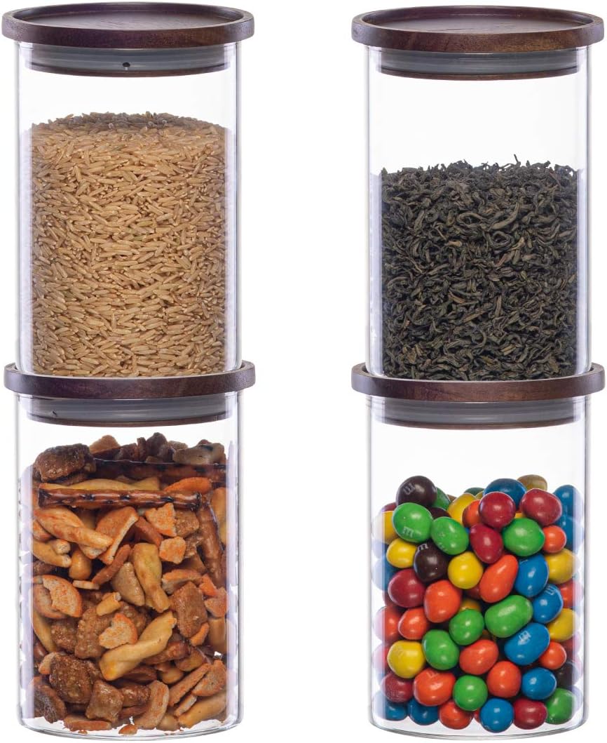Essos Glass Jars with Wood Lids Set of (4) of 28 fl oz Airtight and Stackable Storage Containers for the Kitchen or Pantry Canister Wooden Lid holds Food Cookies