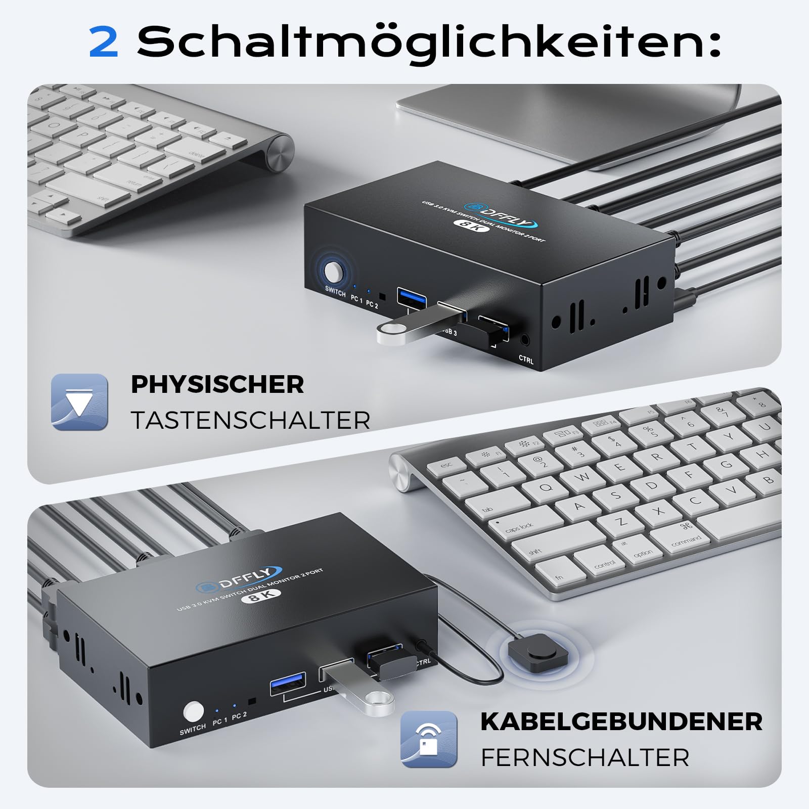 HDMI KVM Switch 2 PC 2 Monitor 8K@60 Hz 4K@120Hz, KVM Switch für 2 Computer Teilen 2 Monitor und 4 USB Geräte mit 2 USB 3.0 Kabeln und Desktop-Controller