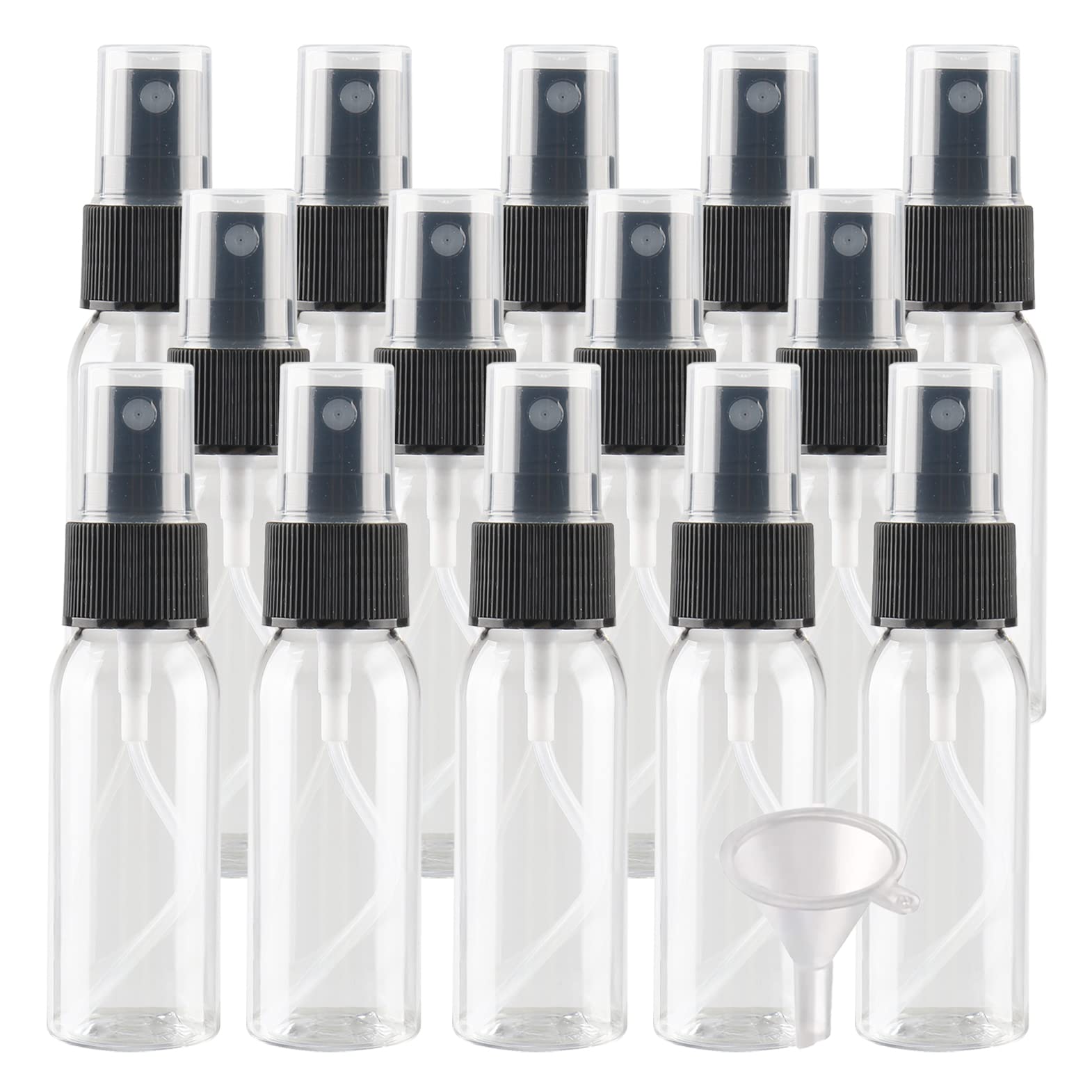 100 Stück Leer 30ml Transparent Plastik PET Sprühflasche Reise Zerstäuber mit Schwarz Sprühkopf, Klein Feinen Nebel Parfümzerstäuber Reiseflaschen mit 4X Trichter