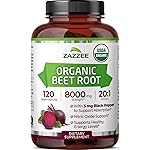 Zazzee USDA Organic Beet Root 8000 mg Strength 20:1 Extract, 120 Vegan Quick Release Capsules, Black Pepper Extract for Enhanced Absorption, Supports Nitric Oxide Production, Non-GMO, Made in The USA
