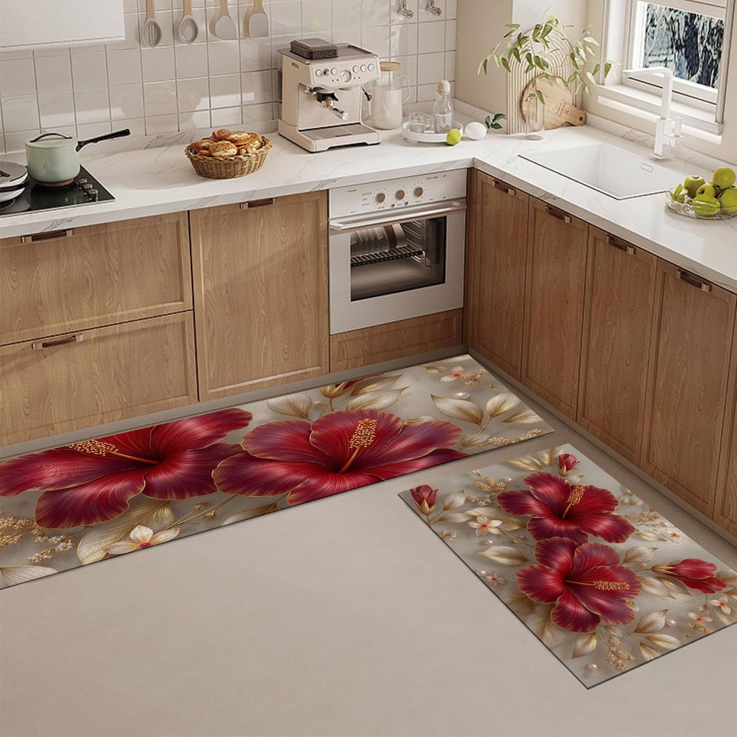 Alfombra de cocina de lujo con relieve 3D de plantas exóticas diseño elegante y fácil de limpiar