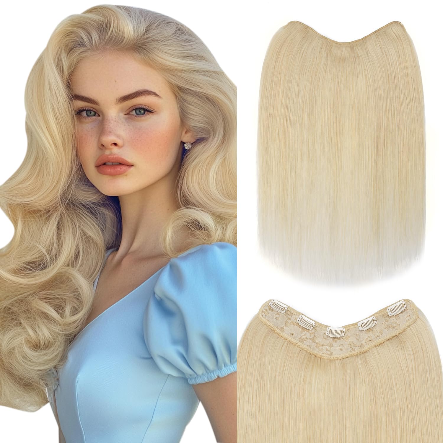 SLEEKALON Blonde One Piece Clip in Human Hair Extension 3/4 Full Head Clip ins Straight Hair Extensions for Women V-Shaped Clip in Real Human Hair