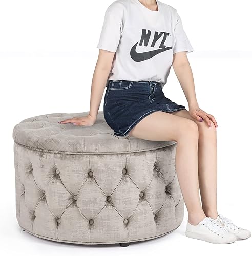 Miniatura 9 de Joveco Otomana redonda de almacenamiento, otomana tapizada con botones y parte superior extraíble, banco de almacenamiento, mesa de café,