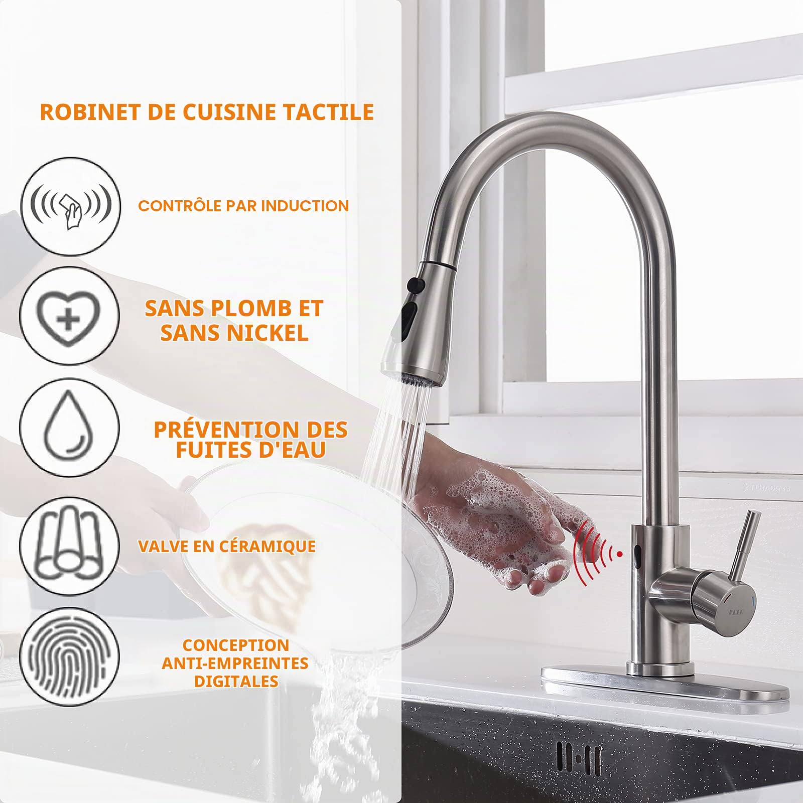 Robinet de cuisine sans contact avec pulvérisateur extractible, robinet de cuisine à détecteur de mouvement avec distributeur de savon de cuisine, robinet de cuisine unique, robinet extractible à arc