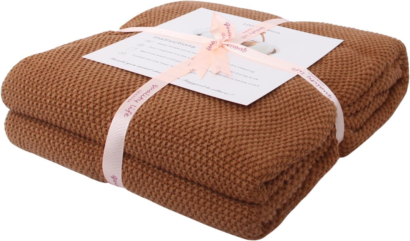 Throw Blanket Moss Stitch Solid Soft Sofa Couch Decorative Knitted Blanket ,50 x 60 inch, As Gift with Free Washing Bag (Coffee)