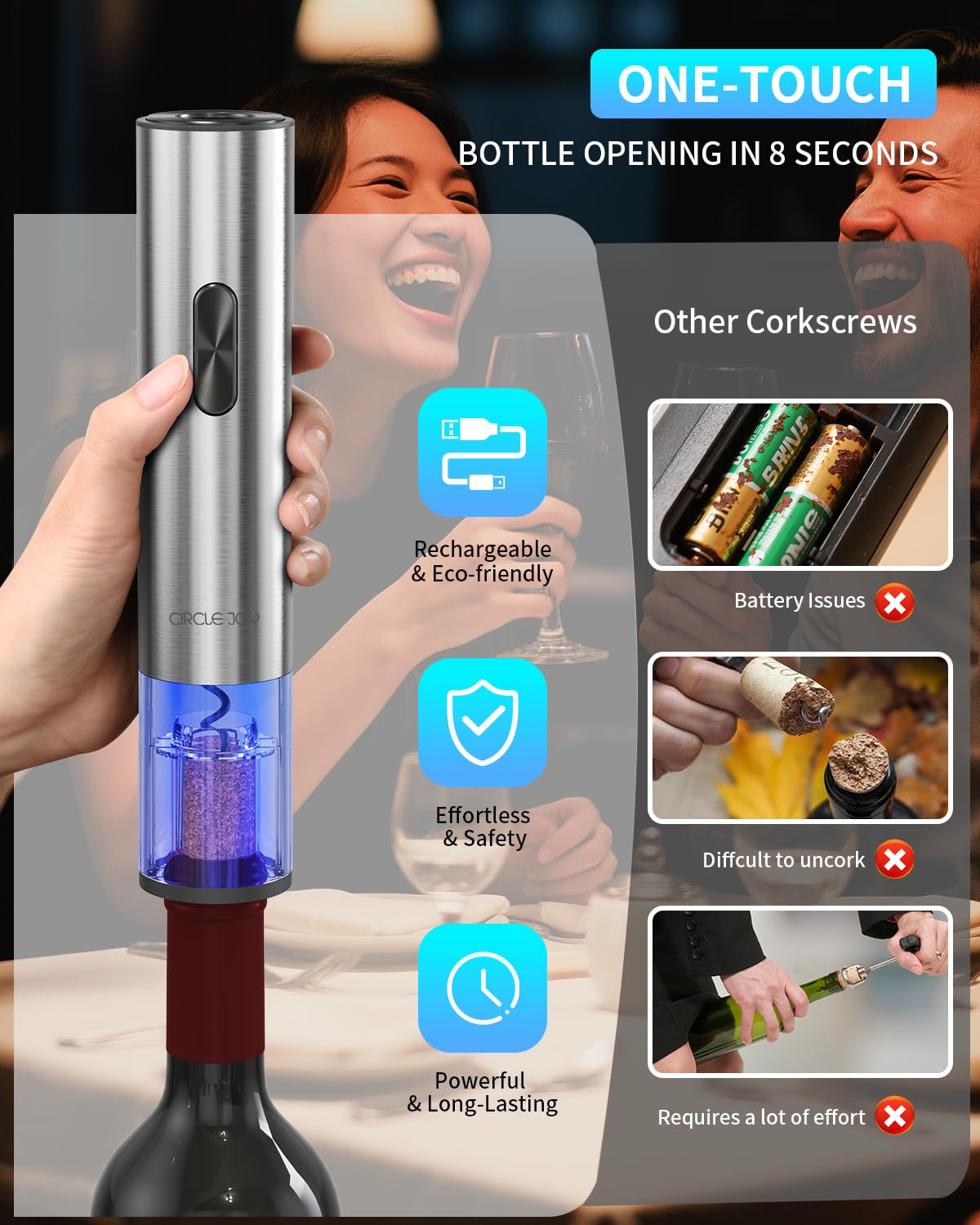 CIRCLE JOY Ouvre-bouteille électrique 7 en 1 en acier inoxydable rechargeable avec pompe à vide automatique, coupe-capsule, bec verseur, 2 bouchons sous vide et station de charge