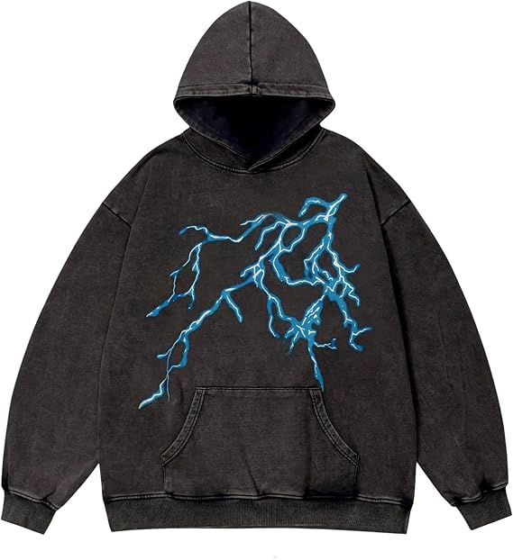 Vamtac Lightning Graphic Hoodies for Men Oversized Unisex Wash Hoodie Y2k Vintage Pullover Hooded Sweatshirt