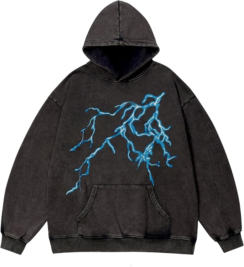 Vamtac Lightning Graphic Hoodies for Men Oversized Unisex Wash Hoodie Y2k Vintage Pullover Hooded Sweatshirt