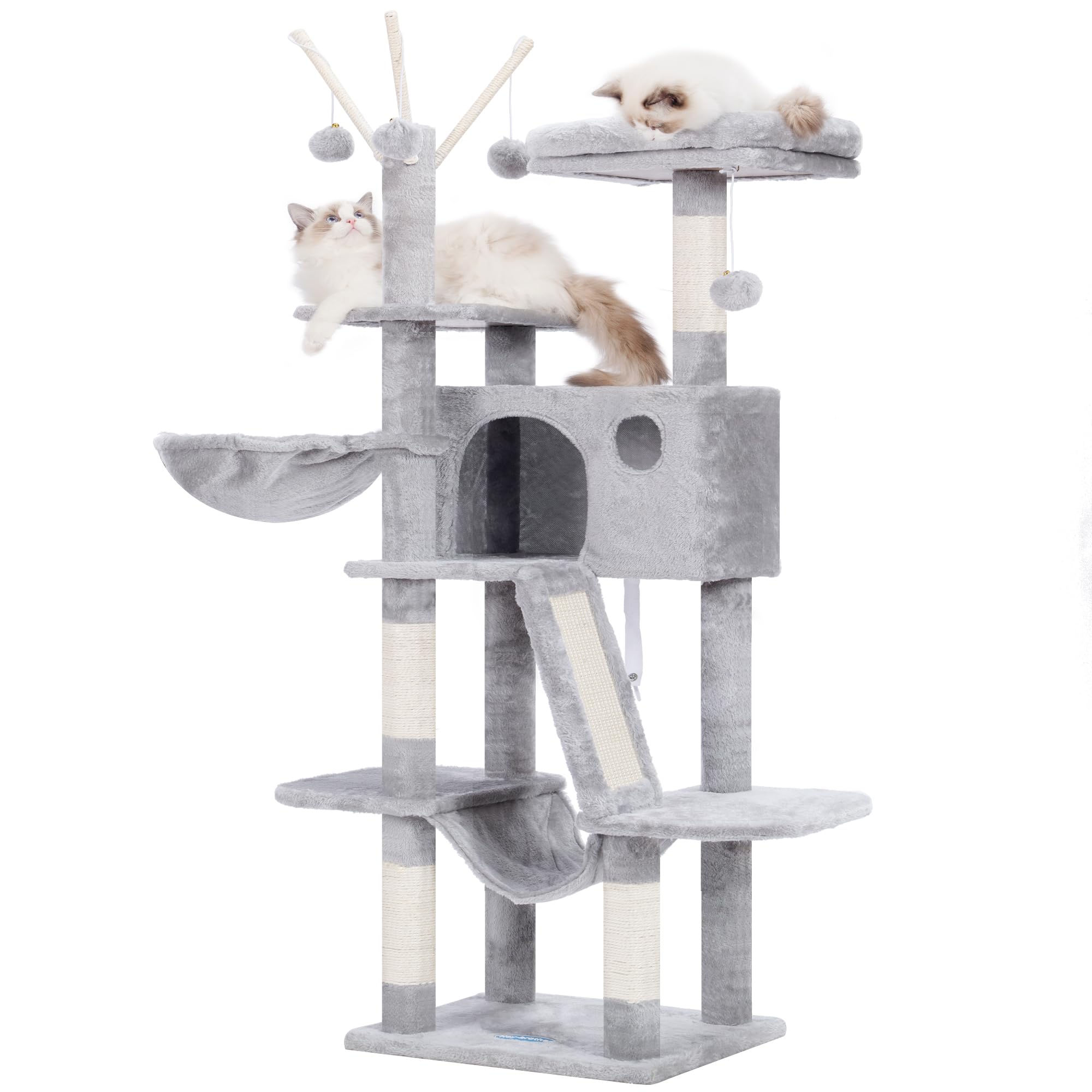 Hey-Brother Kratzbaum, 135 cm Indoor Katzenbaum, Mit gepolsterter Plattform Bett, Spielzeug Ball, Höhlen, Hängematte und Sisal Kratzbaum Katzenhaus, Hellgrau MPJ019-SW