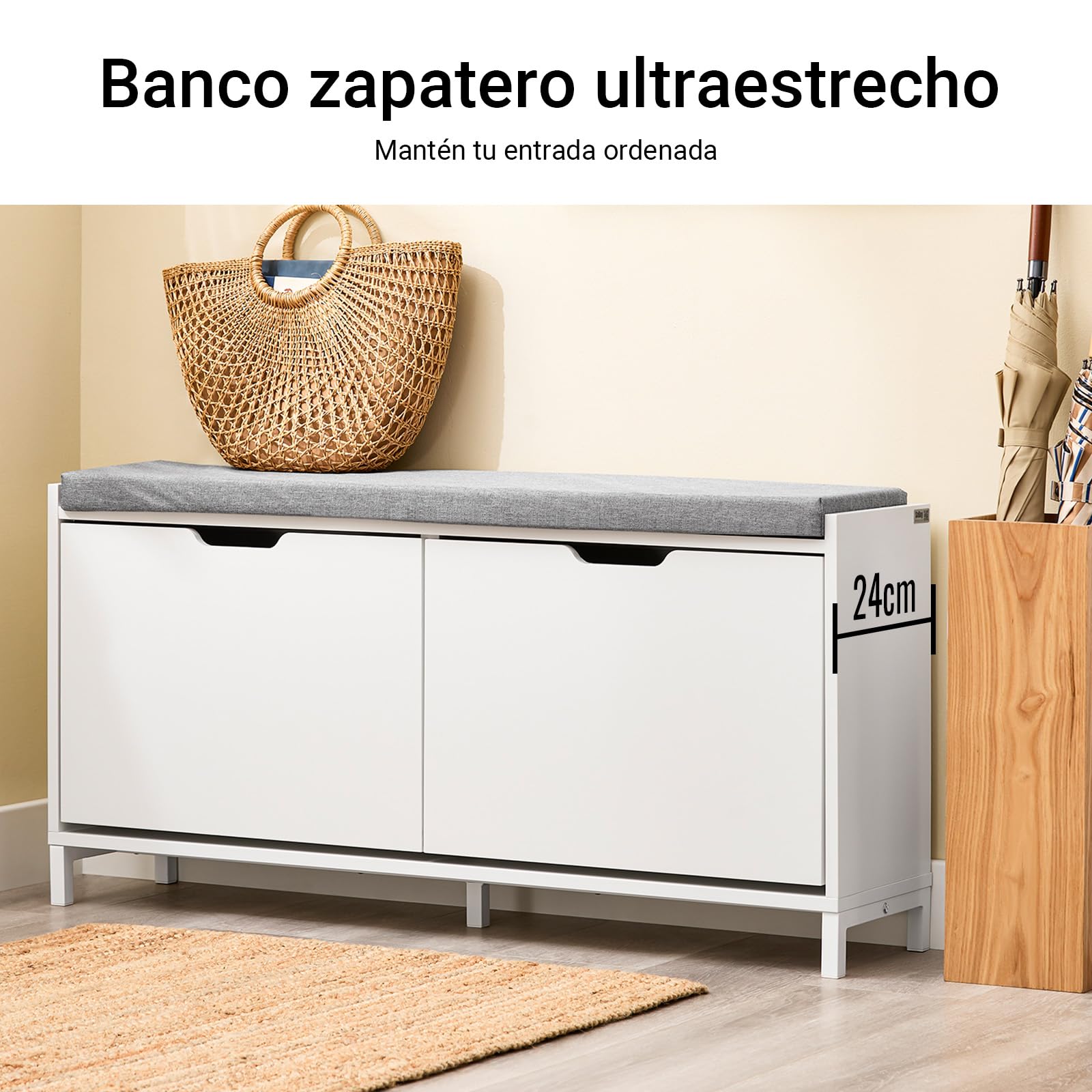 SoBuy Banco Zapatero con Asiento 105x24x52cm para recibidor | Zapatero banco con cojín gris, estructura hierro y MDF, capacidad 8 pares, carga 250kg FSR151-L-W