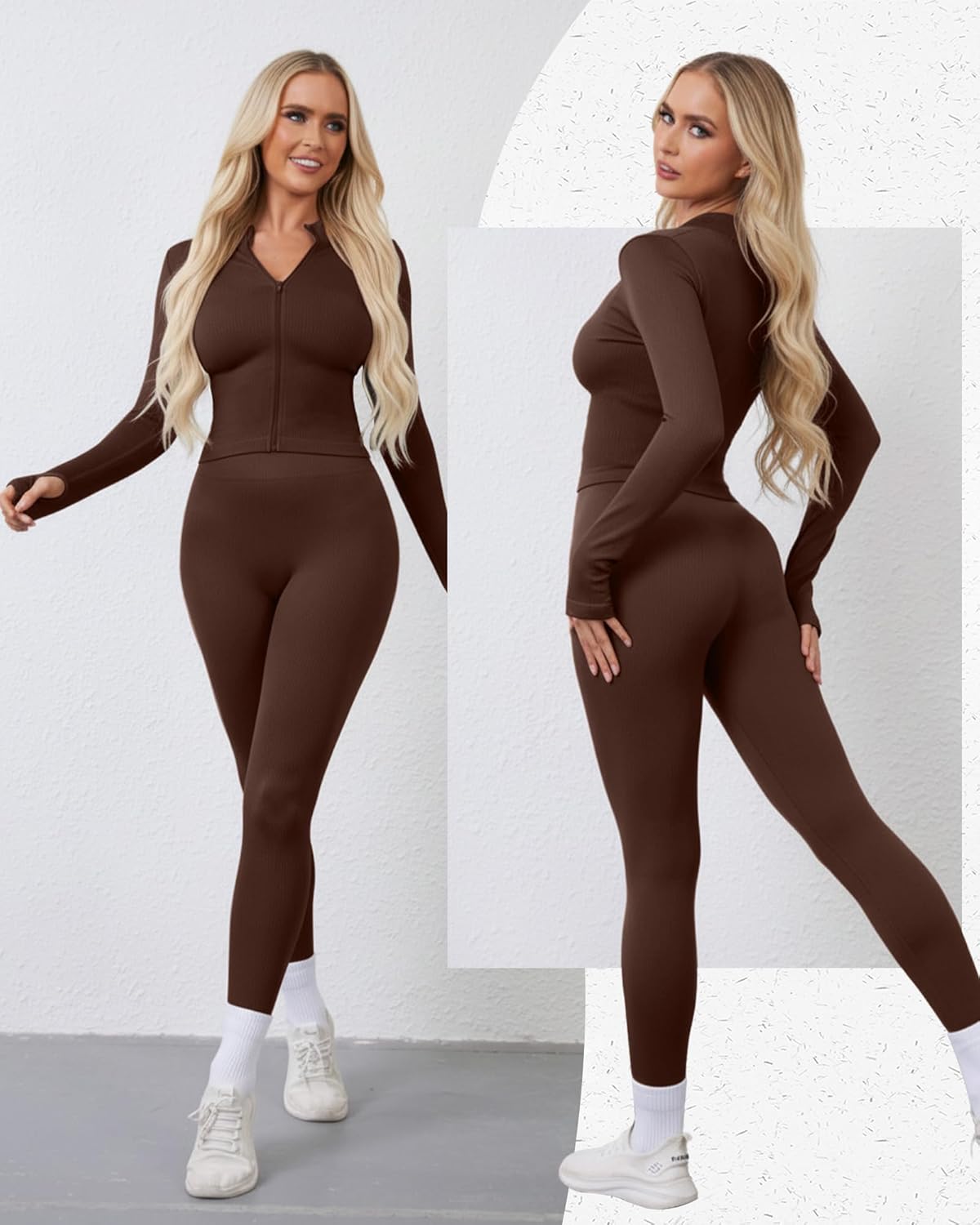 Women 3 Piece Seamless Workout Set Sports Bra High Waisted Gym Yoga Leggings Zip Up Jacket with Thumbhole Activewear - Image 4